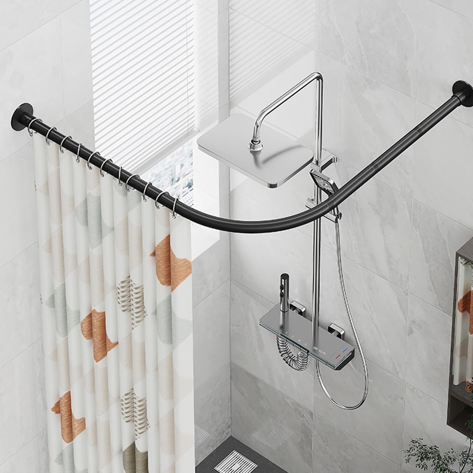 Barra de cortina de ducha de esquina negra de metal para vestidor, divisores montados en la pared para dormitorio y spa, 120 cm, diseño duradero y elegante