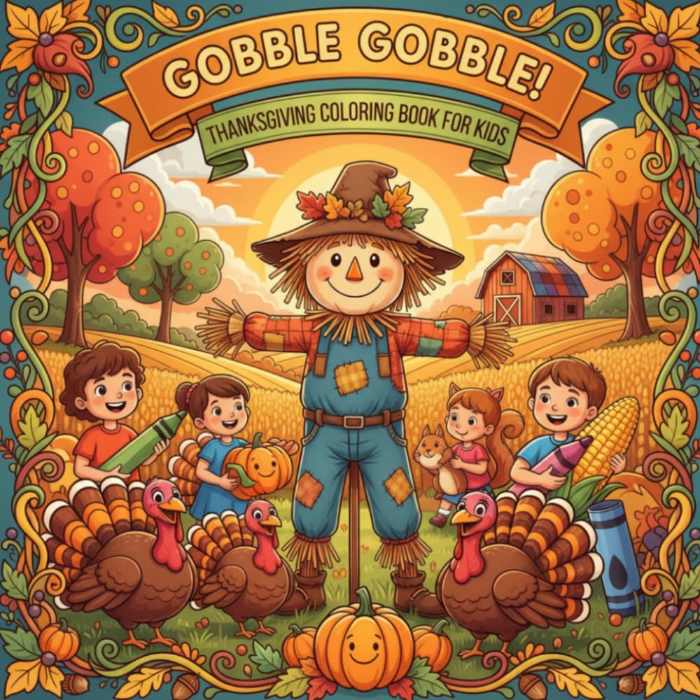 Gobble Gobble! Thanksgiving Coloring Book for Kids: A Festive Fall Collection of Turkeys, Pumpkins, Harvest Scenes, Family Gatherings, and Holiday Fun Ages 5–10