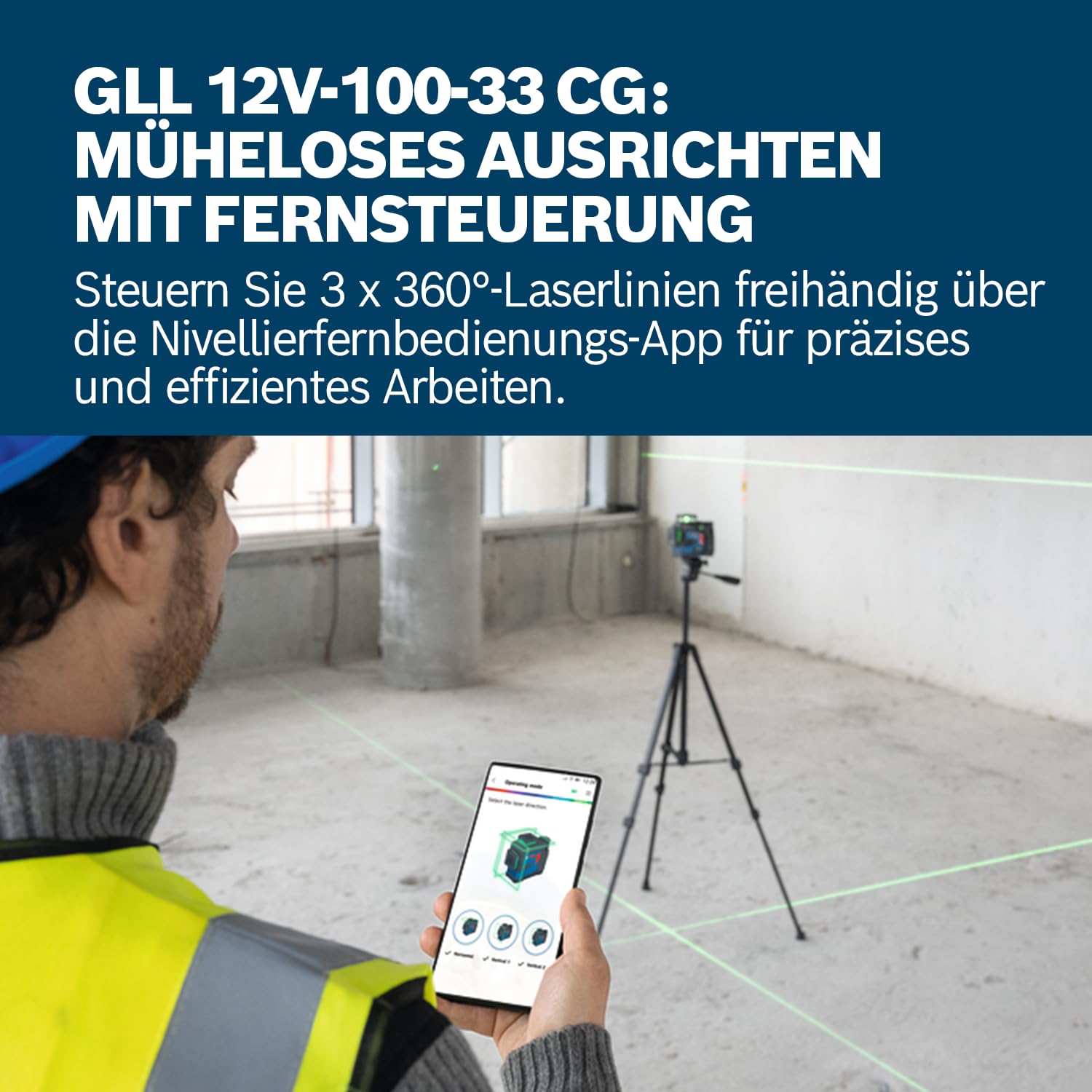Bosch Professional Linienlaser GLL 12V-100-33 CG (3 x 360° grüner Laser, Arbeitsbereich 100 m (Radius) mit Empfänger, LB 10, DK 20, GBA 12V 2.0Ah, GAL 12V-40, L-BOXX)