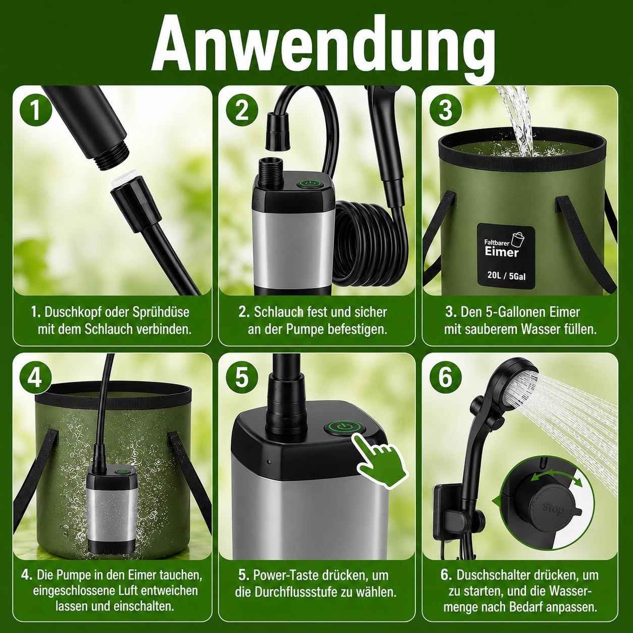 Romicta Tragbare Campingdusche mit wiederaufladbarem 6000mAh Akku & LED-Anzeige – Faltbarer Eimer 4 Sprühmodi IPX7 wasserdichte Pumpe ideal für Wandern Reisen Autofahren Haustiere Outdoor-Aktivitäten
