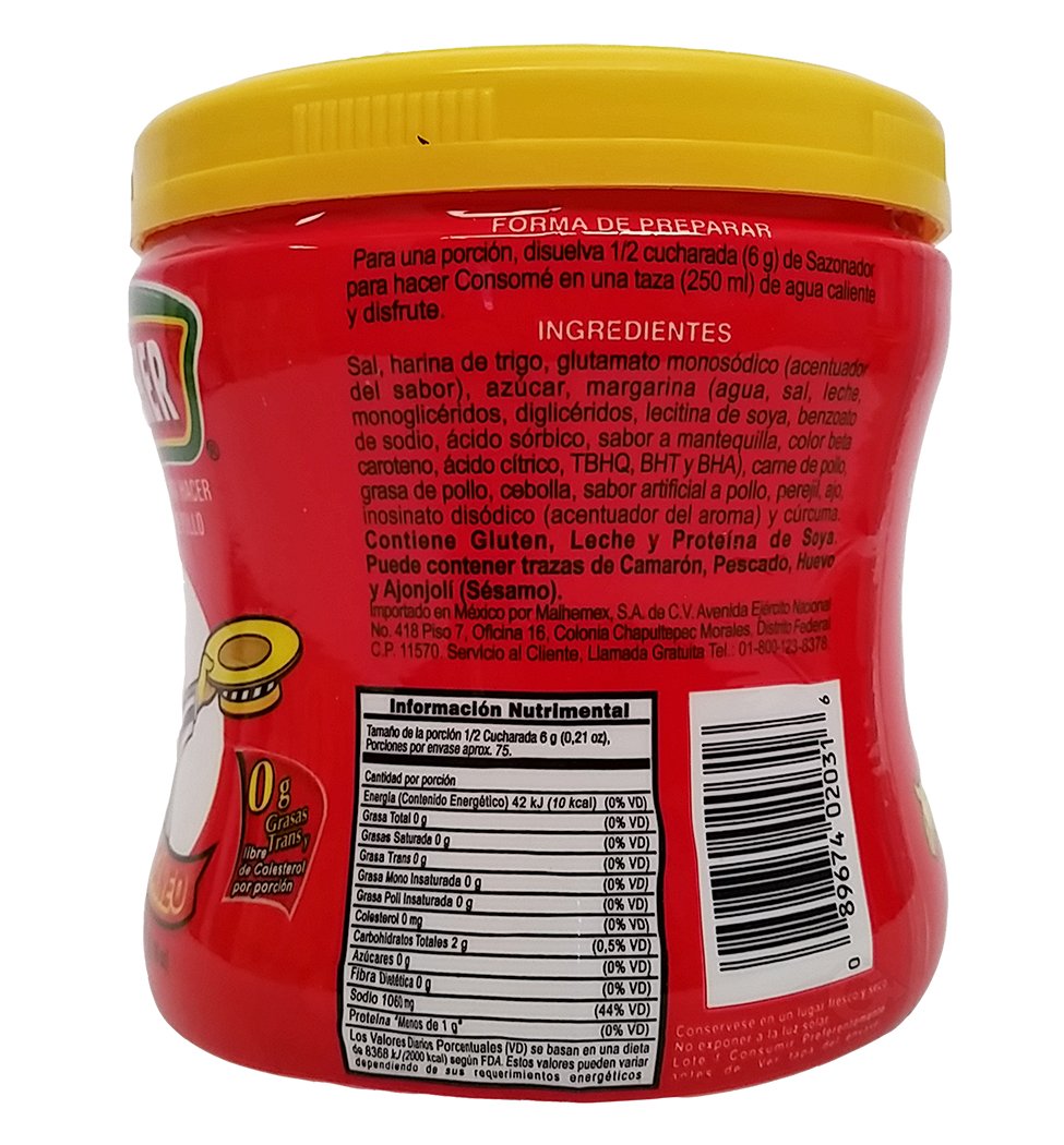 Malher Consomé de Pollo 16 oz jar, back view with Spanish ingredients and nutritional information
