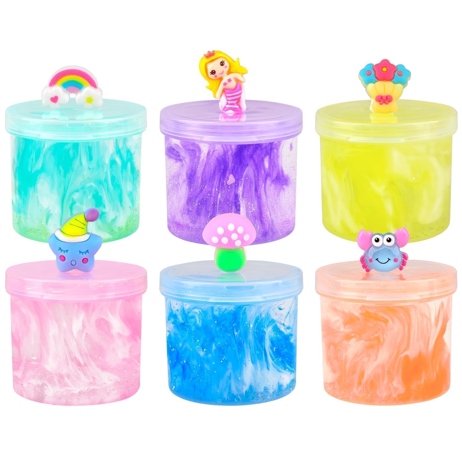 6 Pack Clear Slime Kit, Rich Colors Crystal Games Charm for Girls and Boys 4-12, Kids Birthday Party Favor Gifts, Sensory and Tactile, Stress Relief Toys, Super Soft Non-StickyCarbonfree Certified