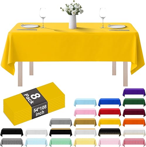 Vista 60 de Paquete de 8 manteles de plástico de 54 x 108 pulgadas, manteles desechables para mesas de 6 a 8 pies, mantel rectangular para mesas para fiestas
