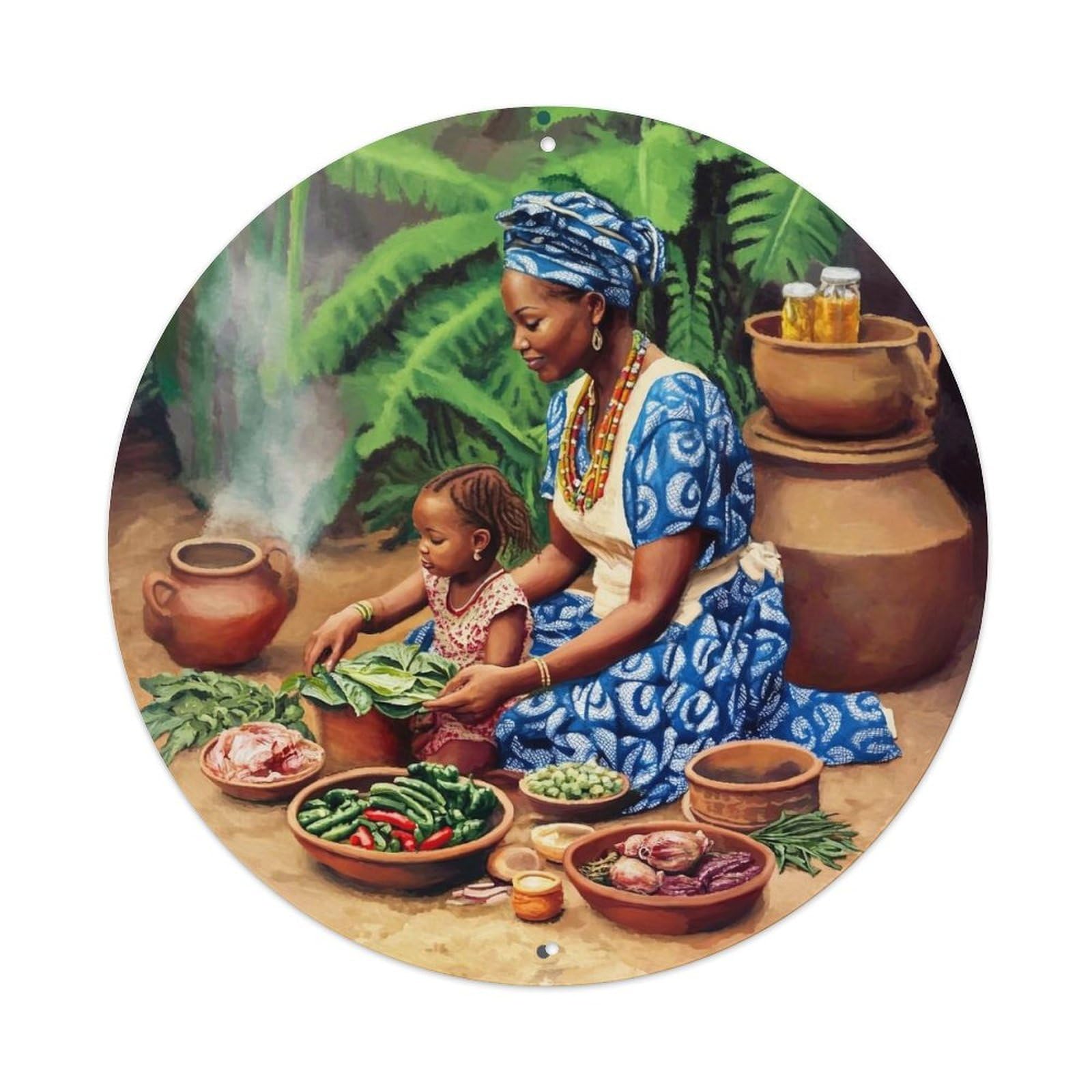 African Woman Cooking With Child Metal Tin Sign Plaque