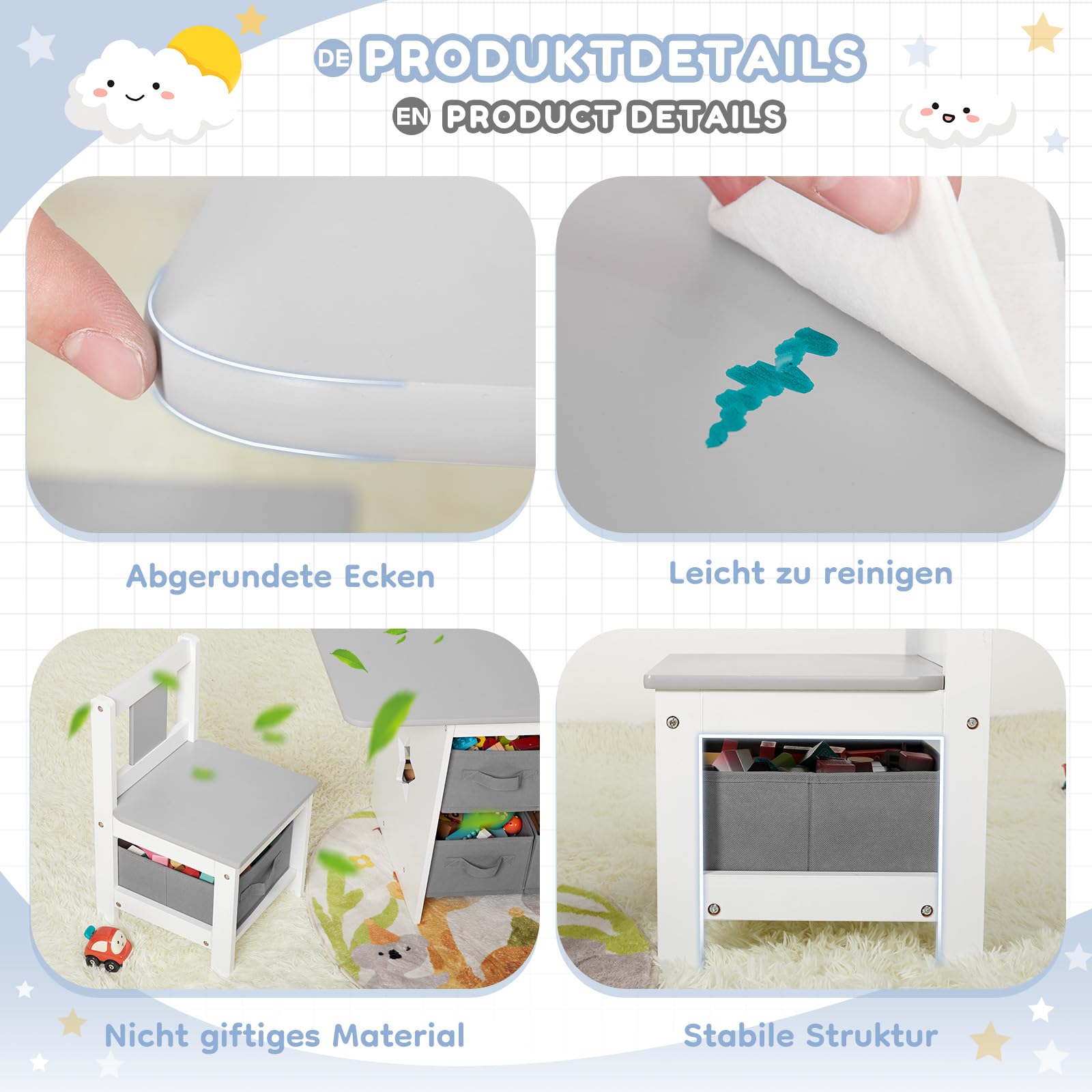 Yorbay Kindertisch mit 2 Stühle, Kinderaktivitätstisch mit Stauraum, 3tlg Kindersitzgruppe, Sitzgruppe für Kinder, Maltisch für Kinderzimmer, Spielzimmer, Vorschüler, Kindermöbel (Grau)