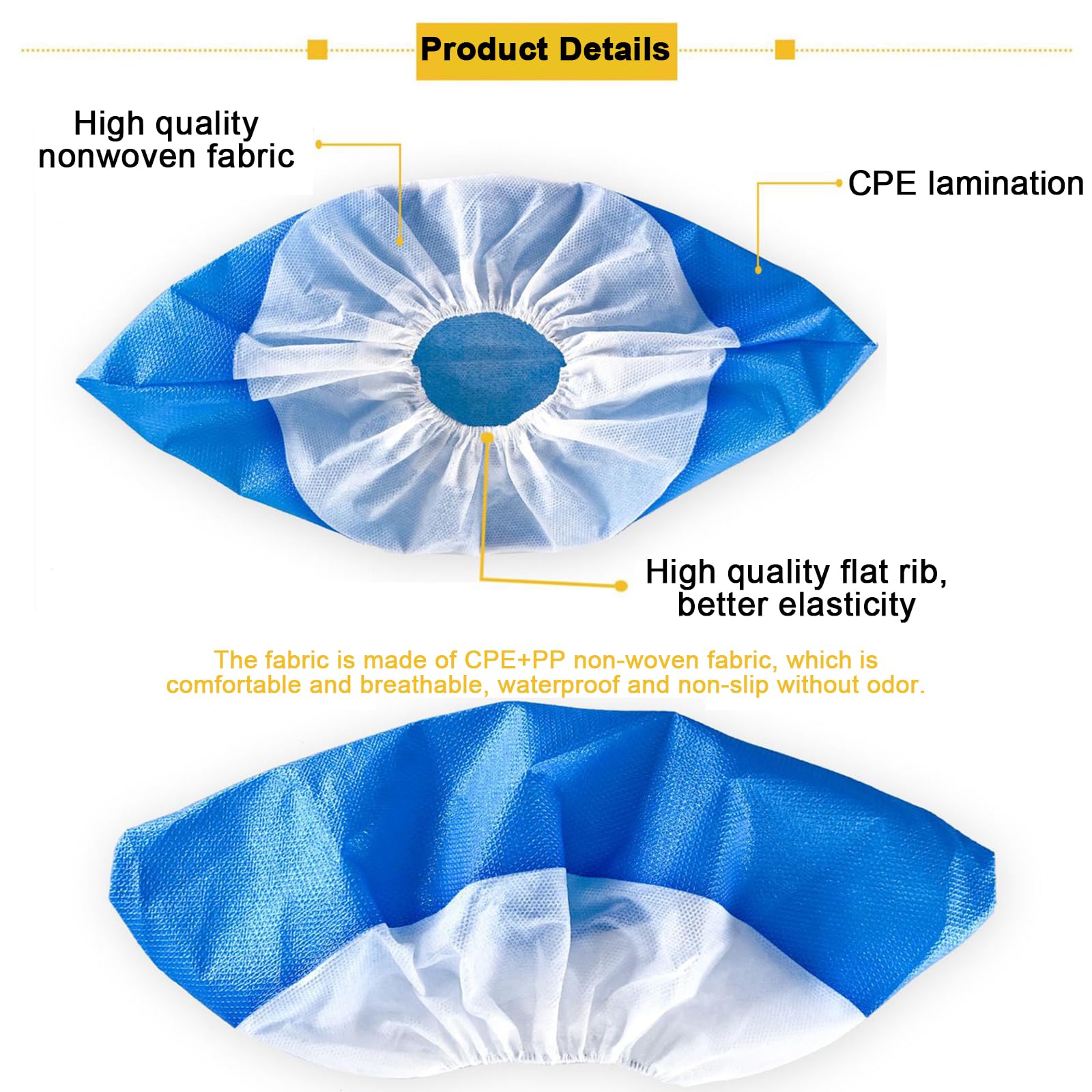 50 x Couvre-chaussures jetables, Couvre-chaussures réutilisables, CPE+PP Couvre-chaussures antidérapant imperméable, bleu/blanc Couvre-chaussures élastiques pour toutes les tailles (9,9g)