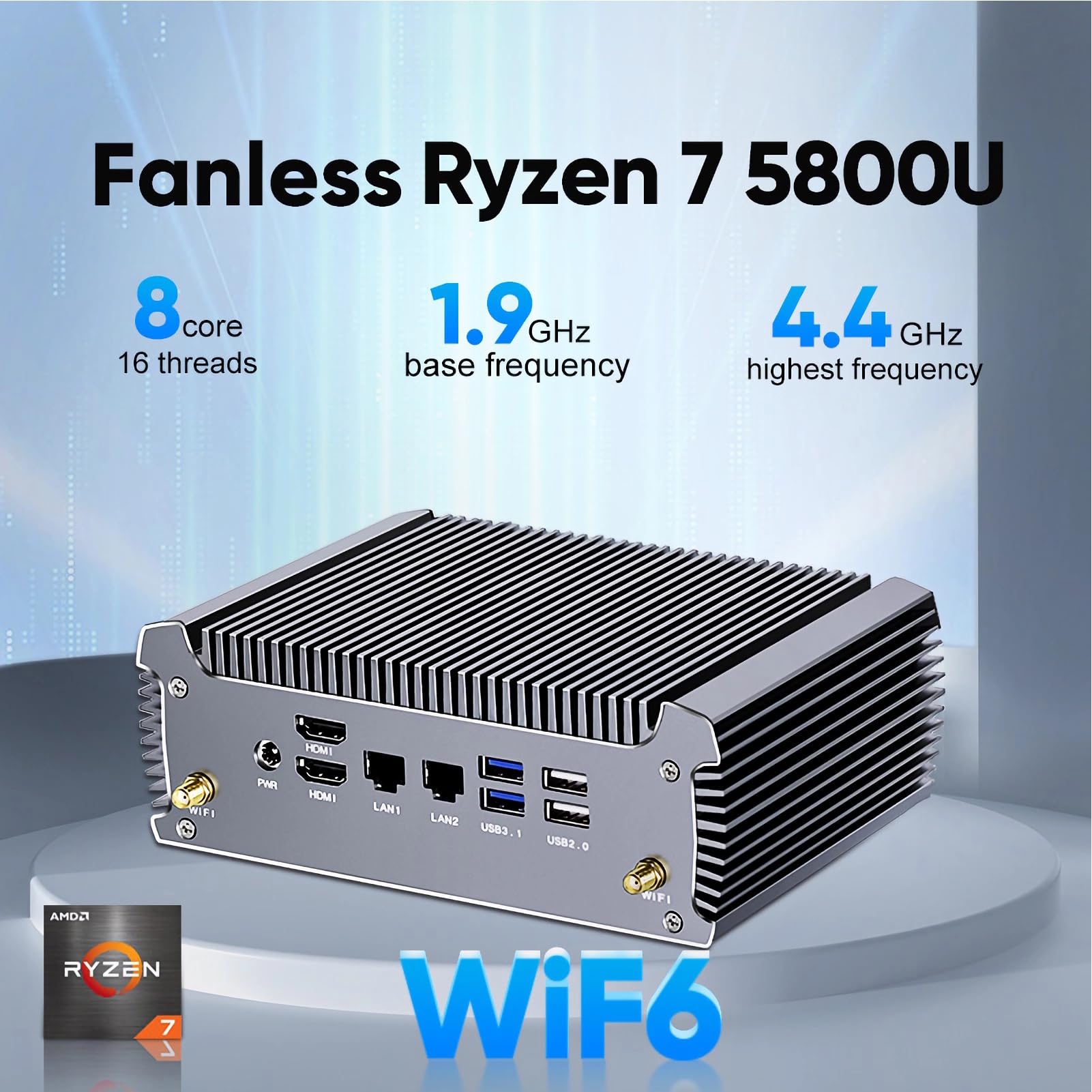 Mini PC Fanless, Ryzen 5 4500U Win 11, Dual LAN Mini Desktop Computer NVMe DDR4 WiFi6, 2 x HDMI, 5 x USB, Gaming Office Home