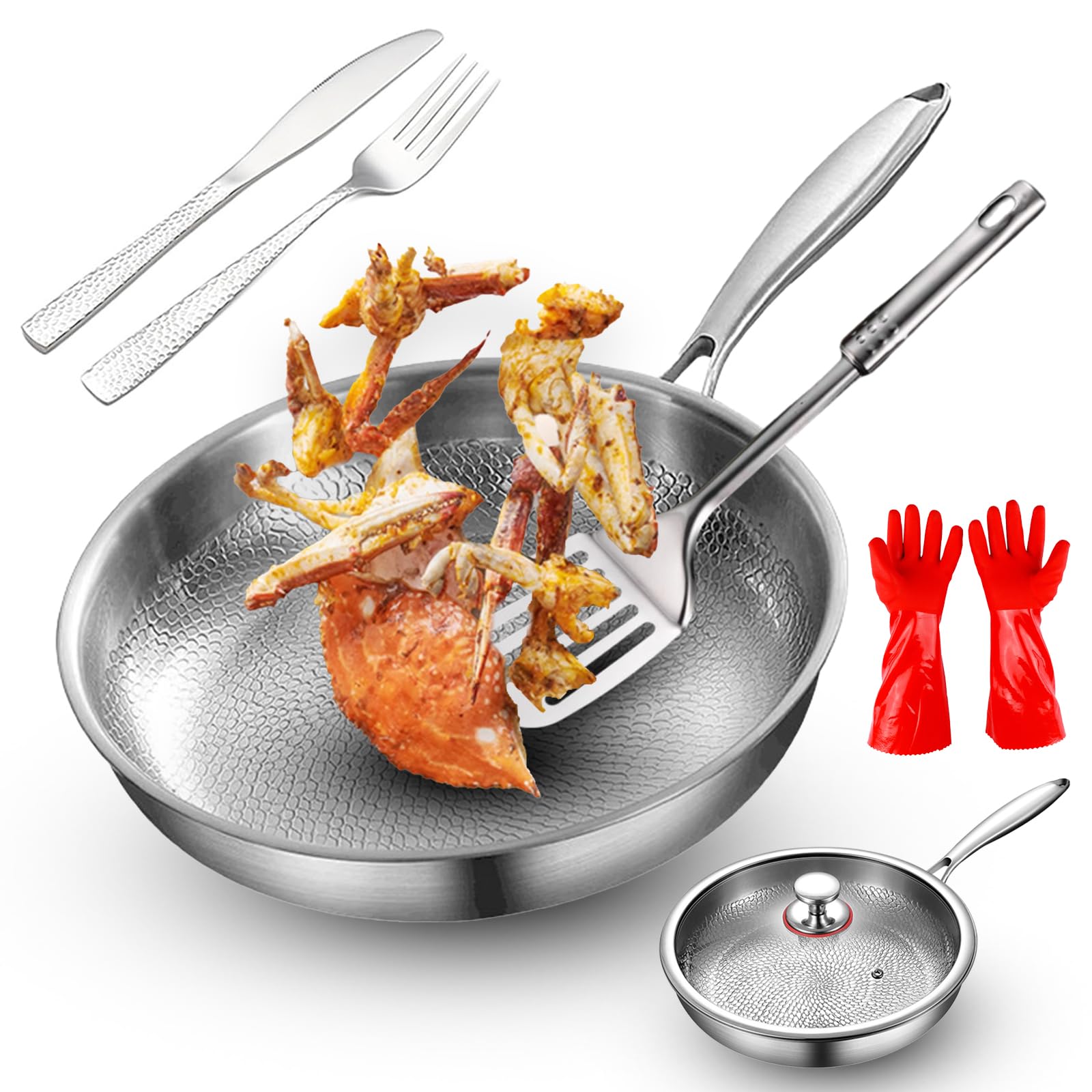 Padella in titanio martellato antiaderente con coperchio, resistente ai graffi, per cucinare e wok, 28 cm, multifunzione
