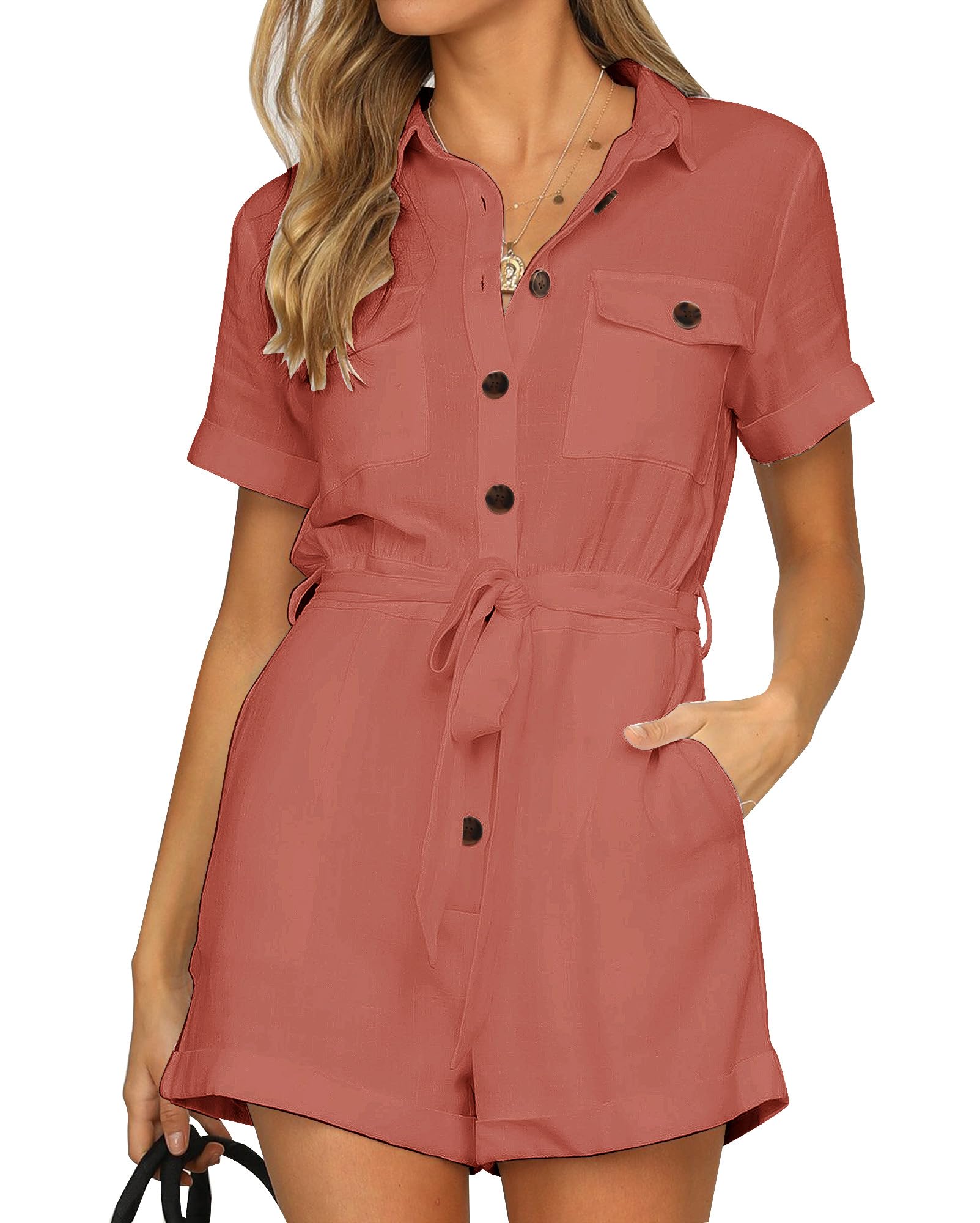 VetineeWomens Summer Jumpsuit Short Sleeve Belted Romper Button Down Loose Casual Playsuit with Pockets
