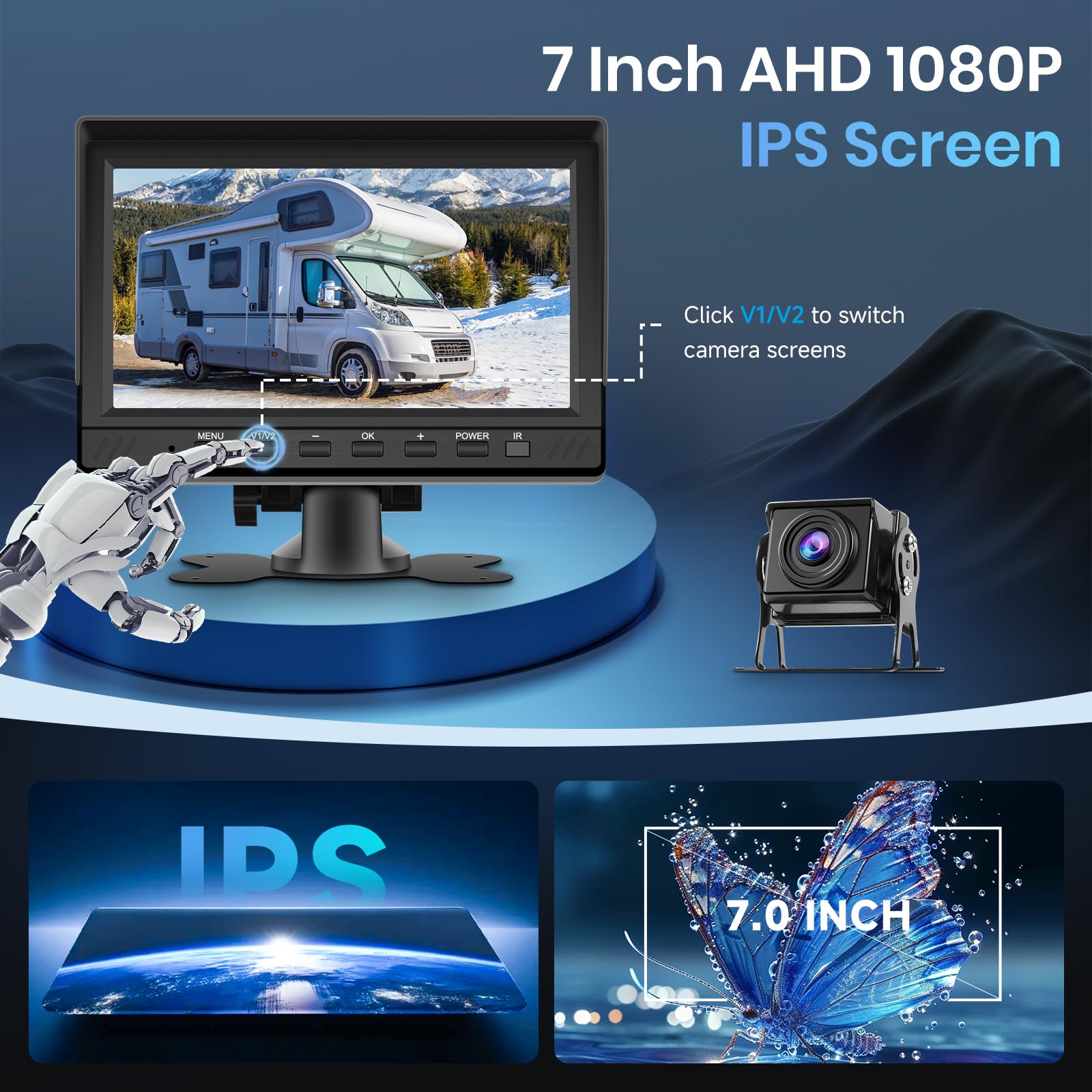VECHTEL Kit Telecamera Posteriore IPS HD 7 Pollici con 2 Telecamera, Telecamera Retromarcia Auto con Impermeabile IP68 Visione Notturna DVR per 12V-36V Camion Autobus Furgoni Camper Pickup