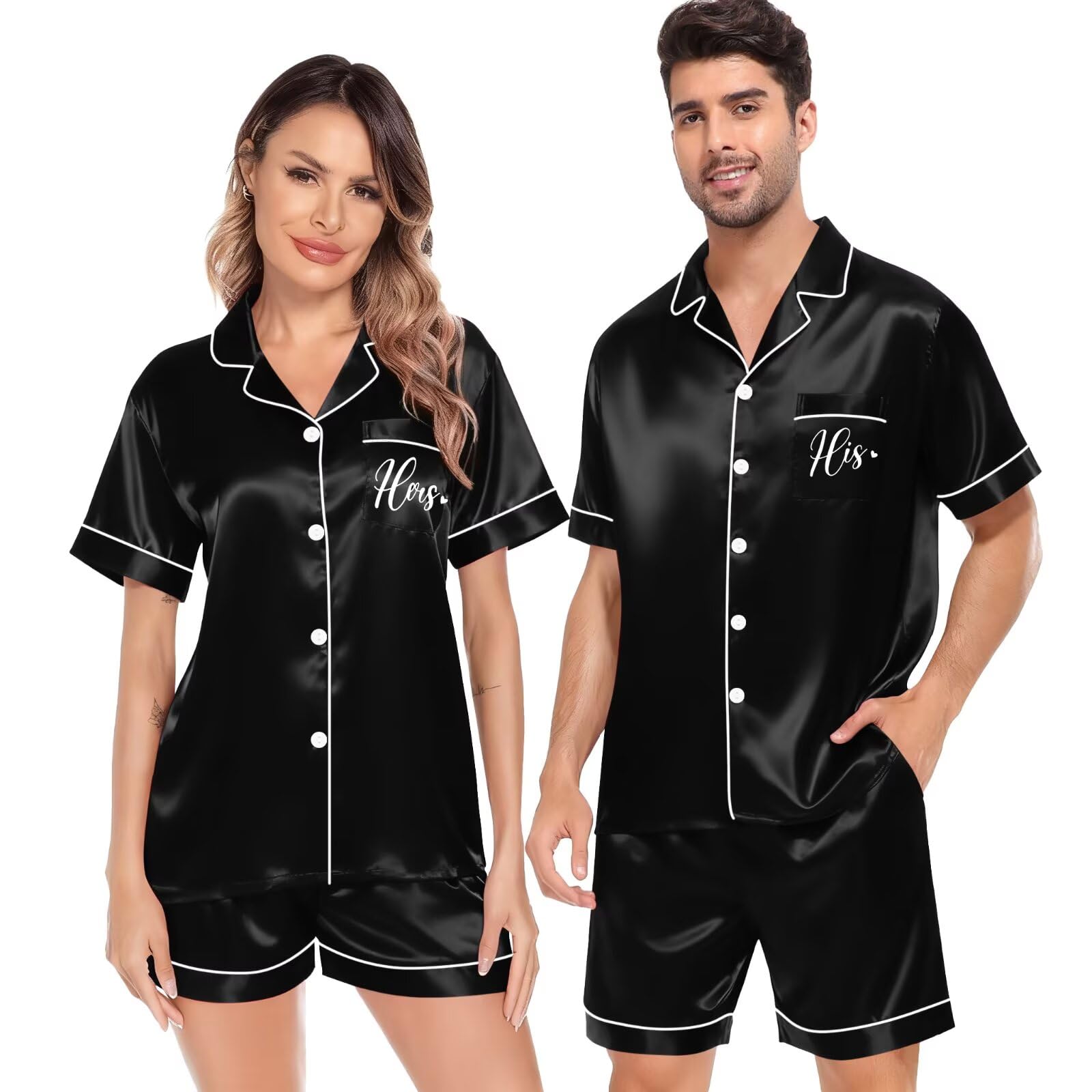 SWOMOG Satin Matching Pajamas Sets Couple Silk Button Down Nightwear Women &amp; Men Short Sleeve Sleepwear 2 Pieces Loungewear