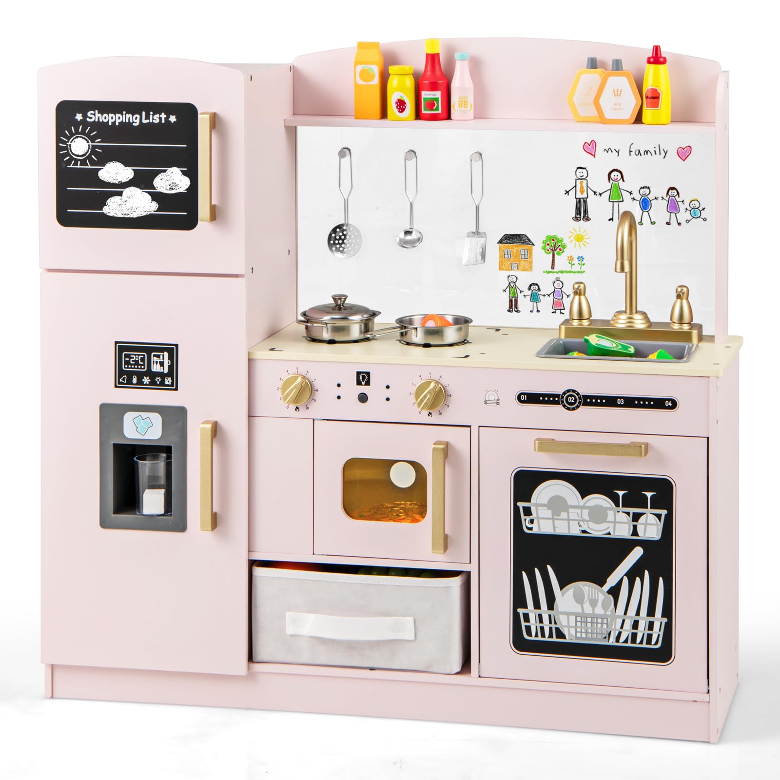 COSTWAY Kids Wooden Kitchen, Pretend Play Kitchen with Chalkboard, Ice Maker, Sink, Fabric Drawer, Dishwasher & Accessories, Children Cooking Role Playset for 3+ Years Old Boys Girls (Pink)