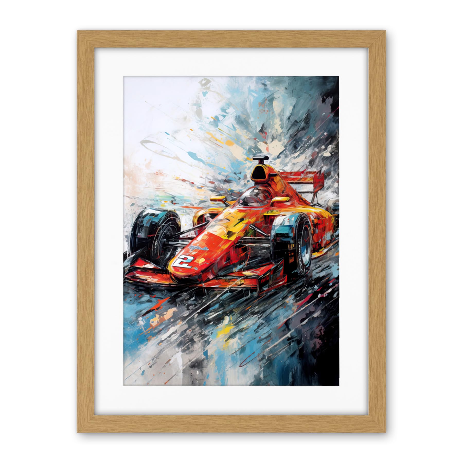 Artery8 Orange Race Car Grand Prix Action Shot Painting Artwork Framed Wall Art Print 18X24 Inch