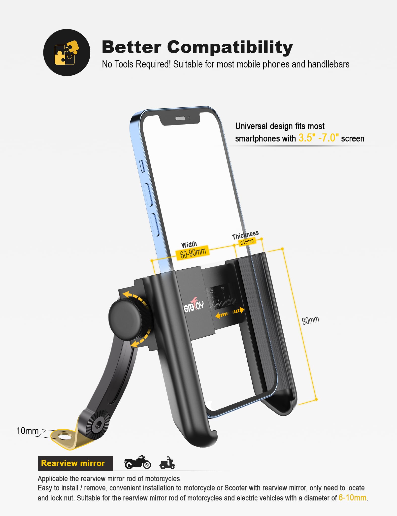 Grefay Motocyklowy Uchwyt na Telefon Komórkowy,Szybki Demontaż, Obracany o 360 Stopni Motocykl Uchwyt na Telefon do Smartfonów 3,5-7,0 Cali