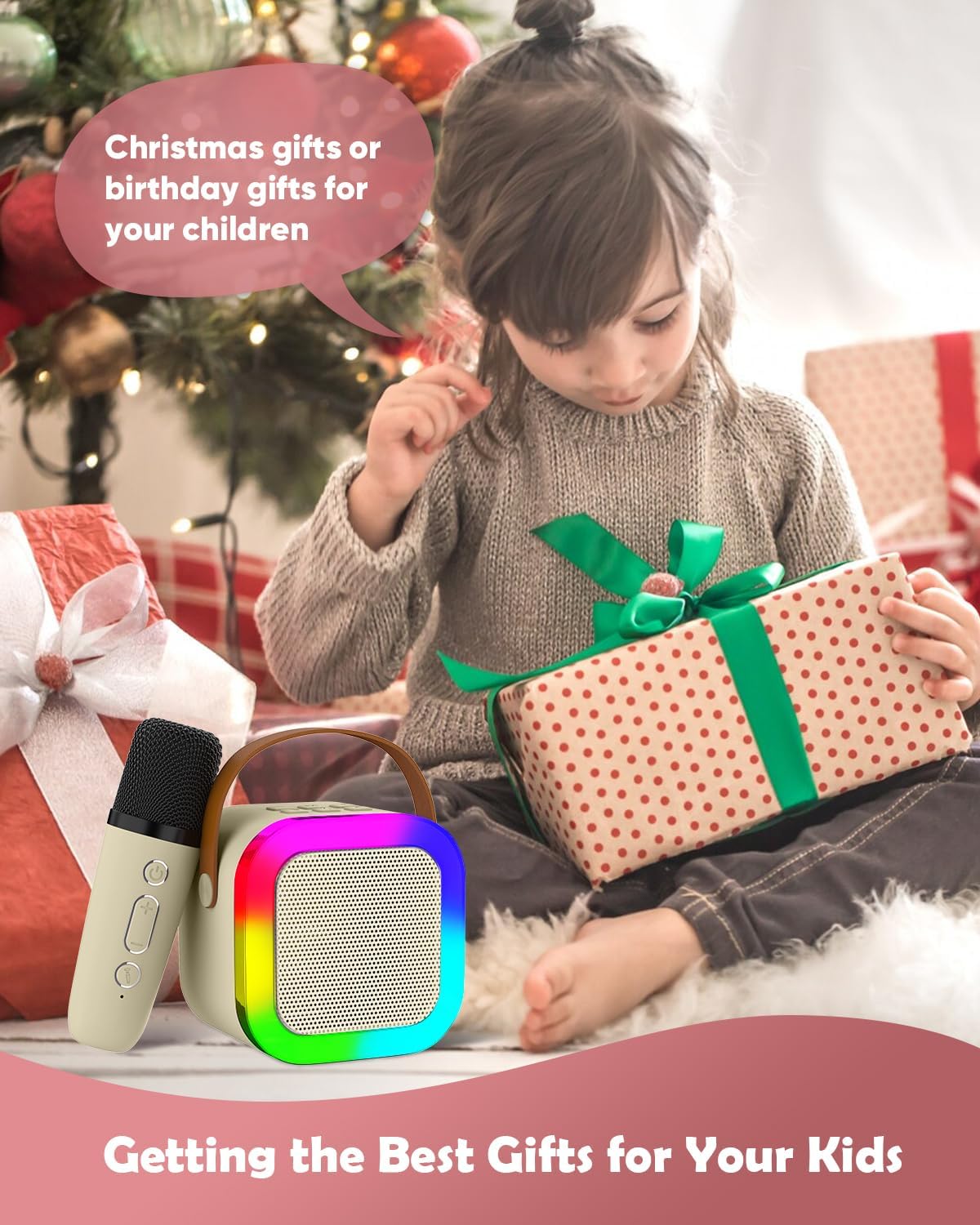 Mini Karaoke Machine Speaker for Kids, Toys for Girls Boys Friends Age 3-12+, Birthday Gifts Portable Bluetooth Speaker with Wireless Mics for 5 6 7 8 9 10 11 Years Teens Girl Boys, Beige - Image 7