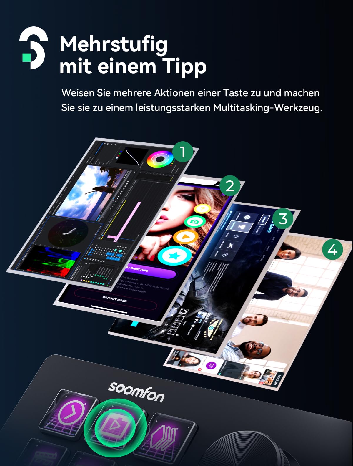 SOOMFON Stream Controller Deck SE Schwarz, 6 LCD Makrotasten & Drehknöpfe, auslösen von Aktion in Software wie OBS, Voicemod, Twitch, YouTube, für Streaming & Gaming, kompatibel mit Mac & Windos
