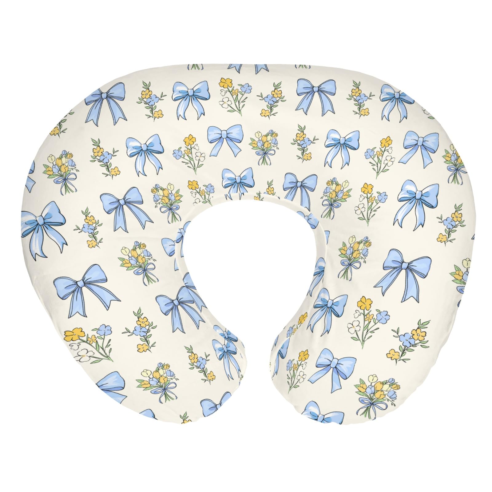 Blue Pastel Floral Bows Nursing Pillow Covers for Boy Girl Cute Spring Flowers Easter Nursing Pillow Slipcovers for Breastfeeding Pillows Colorful Spring Garden Soft Stretchy Cover for Newborn Infant