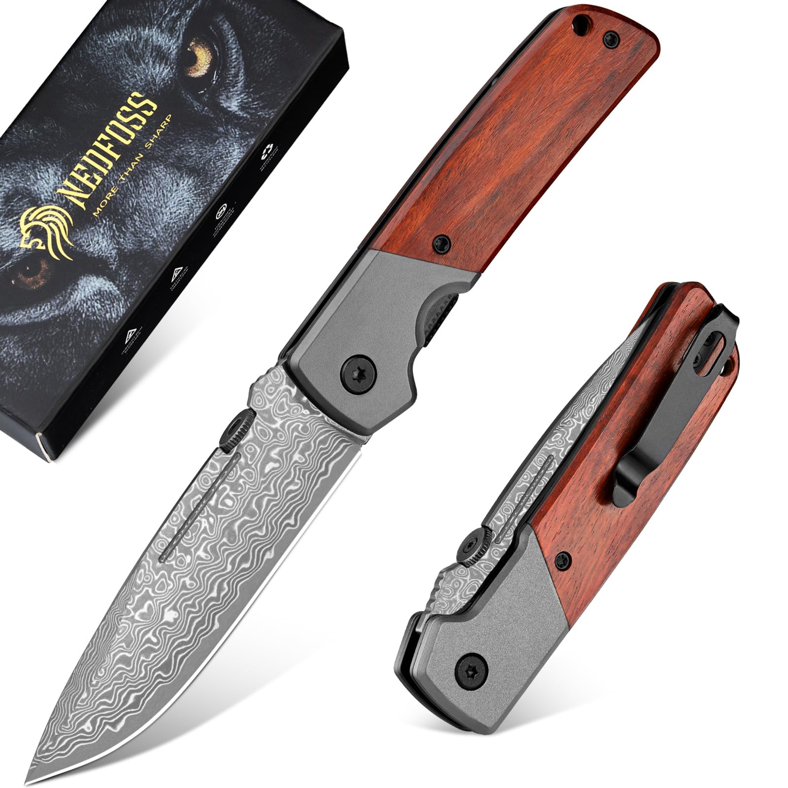 NedFoss DA52 Damascus Folding Pocket Knife Handmade with Clip for Men, 3.5" Compact Damascus Hunting Knife EDC Knife with Rosewood Handle for Survival Camping Gift