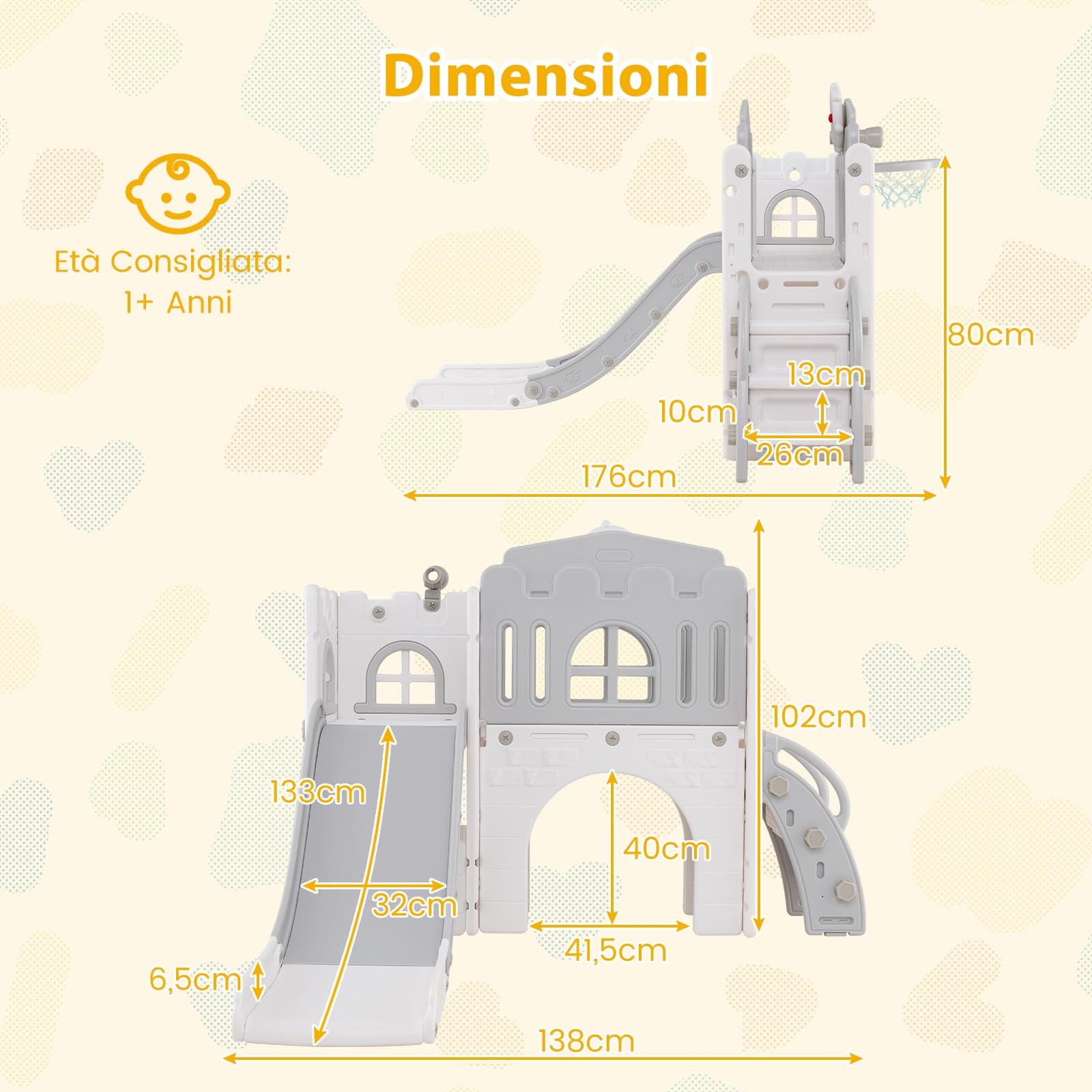 RELAX4LIFE 9 in 1 Scivolo per Bambini, Parco Giochi con Canestro da Basket, Scala da Arrampicata, Telescopio e Tunnel, Giochi Montessori per Bambini 1 Anni + (Classico, Bianco+Grigio)