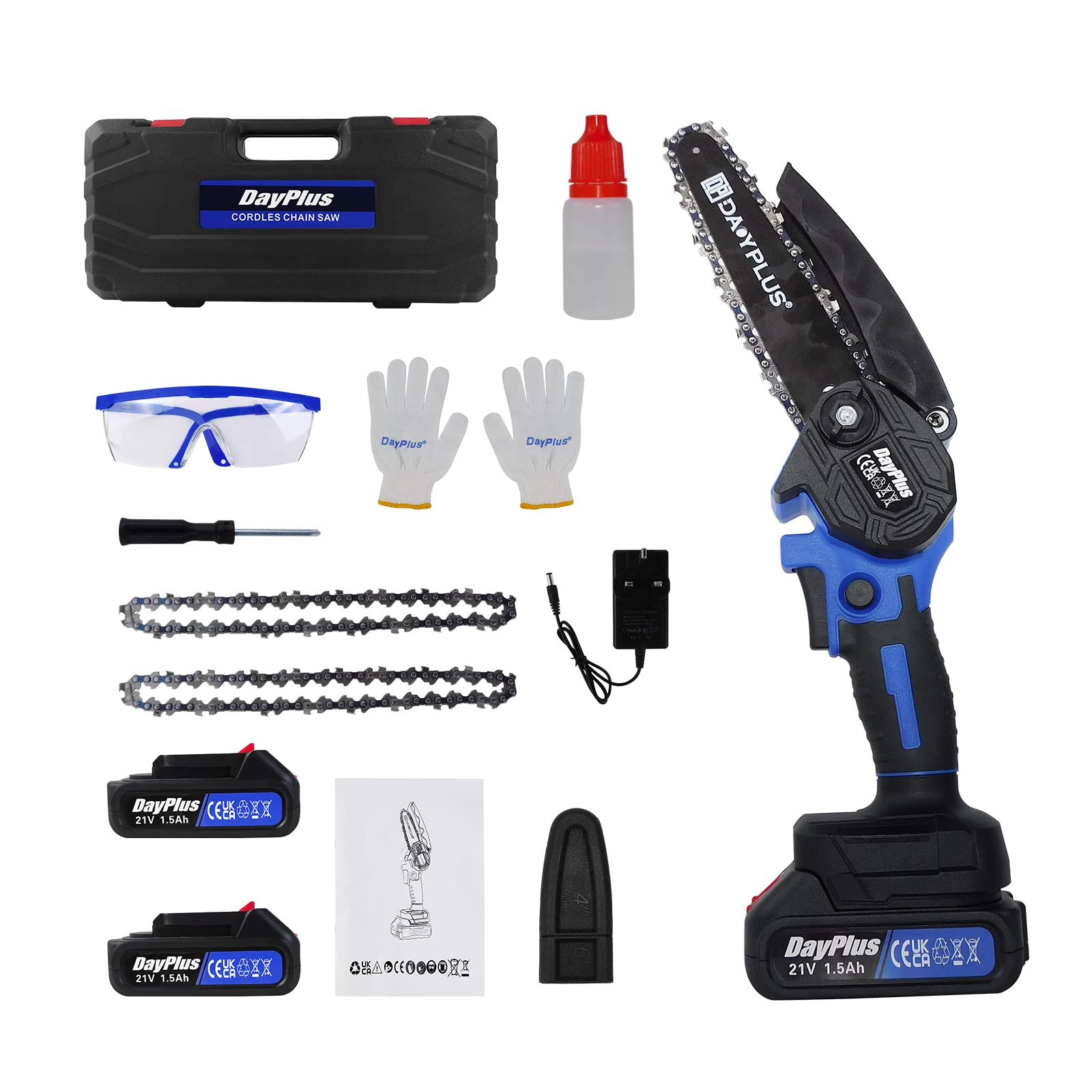 Mini tronçonneuse électrique sans fil avec 2 batteries Li-Ion et 2 chaînes, 2200 W, longueur de la plaque de guidage de 15,2 cm