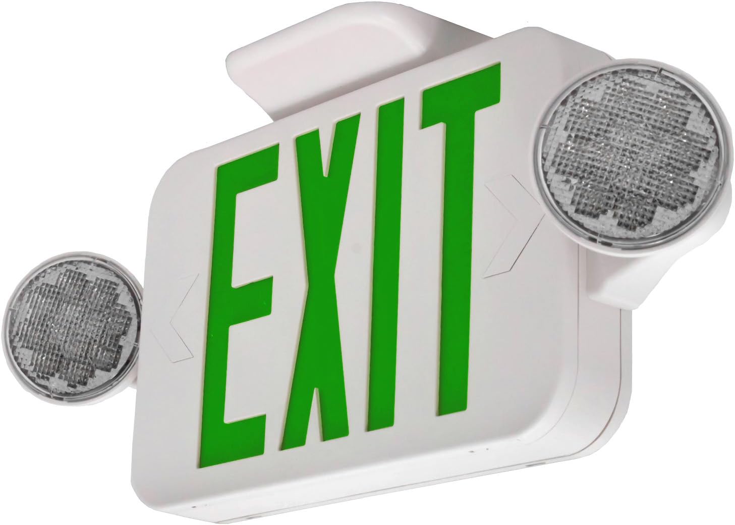 LFI Lights® Compact COMBO, UL 924 Listed Exit Sign with Emergency Lights, Green LED, White, 120/277VAC Hardwired with Battery Backup, Optional Double Face and Knock Out Arrows COMBOJR2GWBB