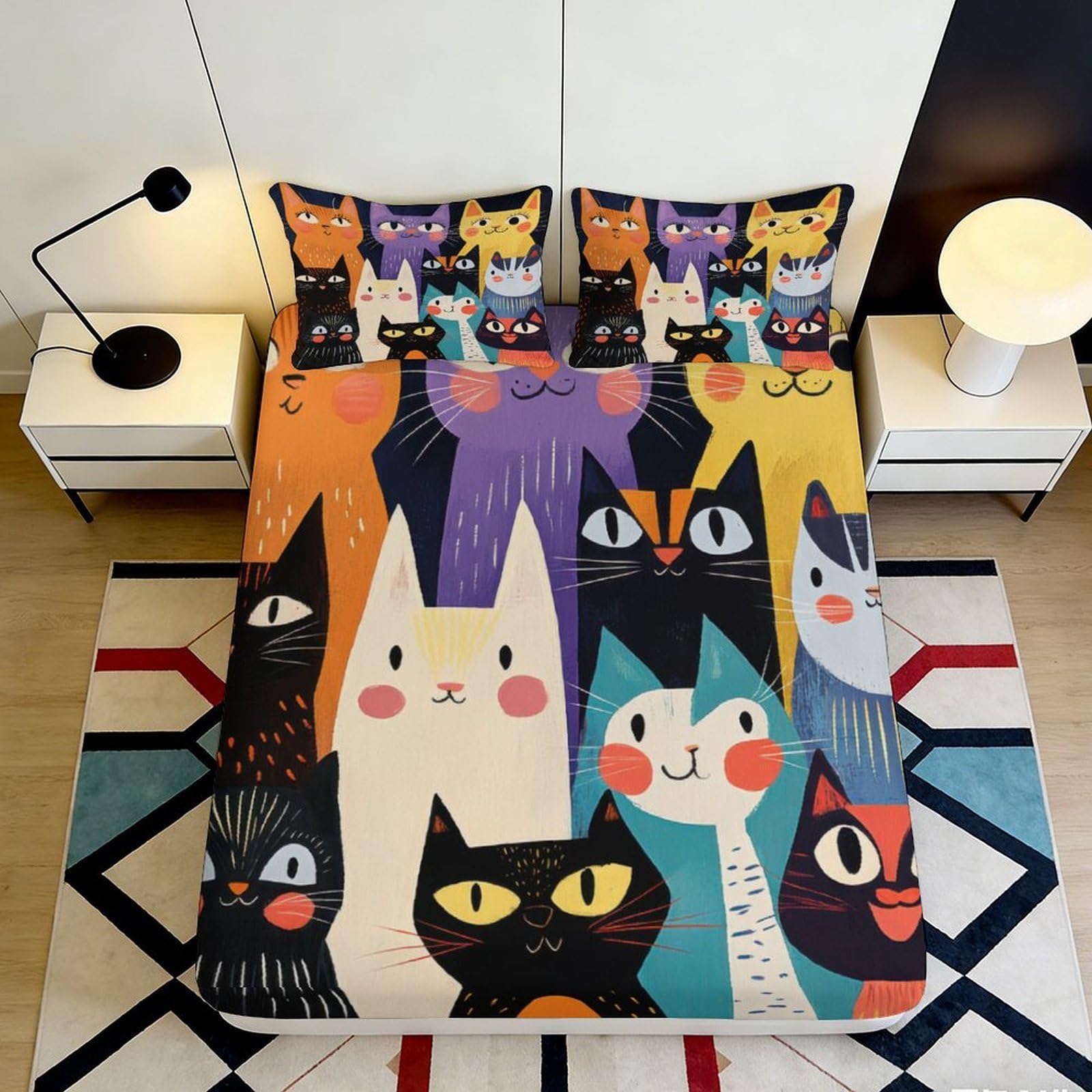 Uynsixtme Style-1 3D Printed Colourful Cartoon Cats Fitted Sheet Microfiber Non-Slip Deep Pocket Cartoon Cats Mattress Fitted Cover For Bedroom Home 140X200x25cm
