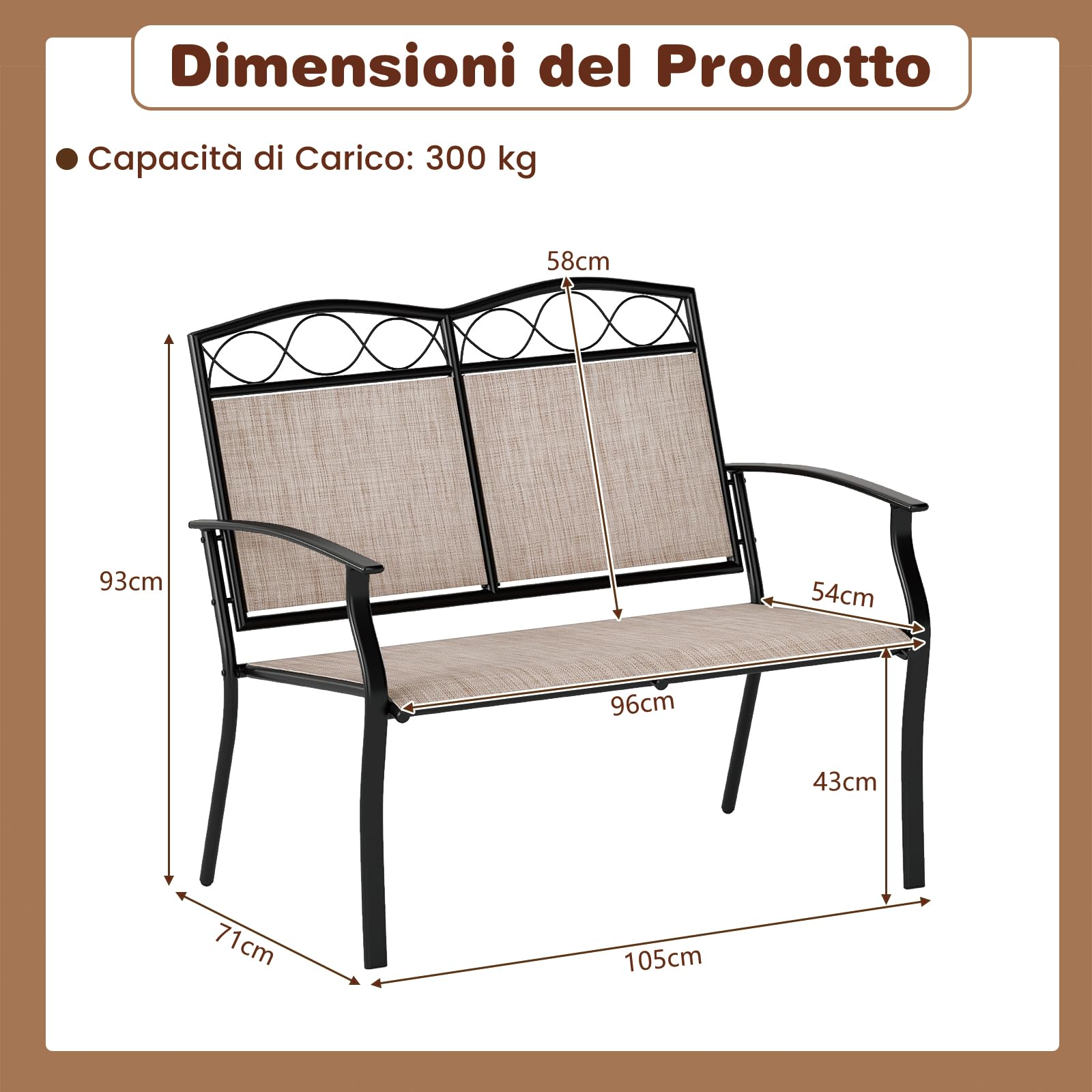 RELAX4LIFE Sedie da Giardino 2 Posti, Panchina da Esterno in Tessuto Traspirante con Schienale Alto e Braccioli, Telaio in Metallo, Piedini Regolabili, Max 300KG per Terrazza/Patio (105x71x93cm)