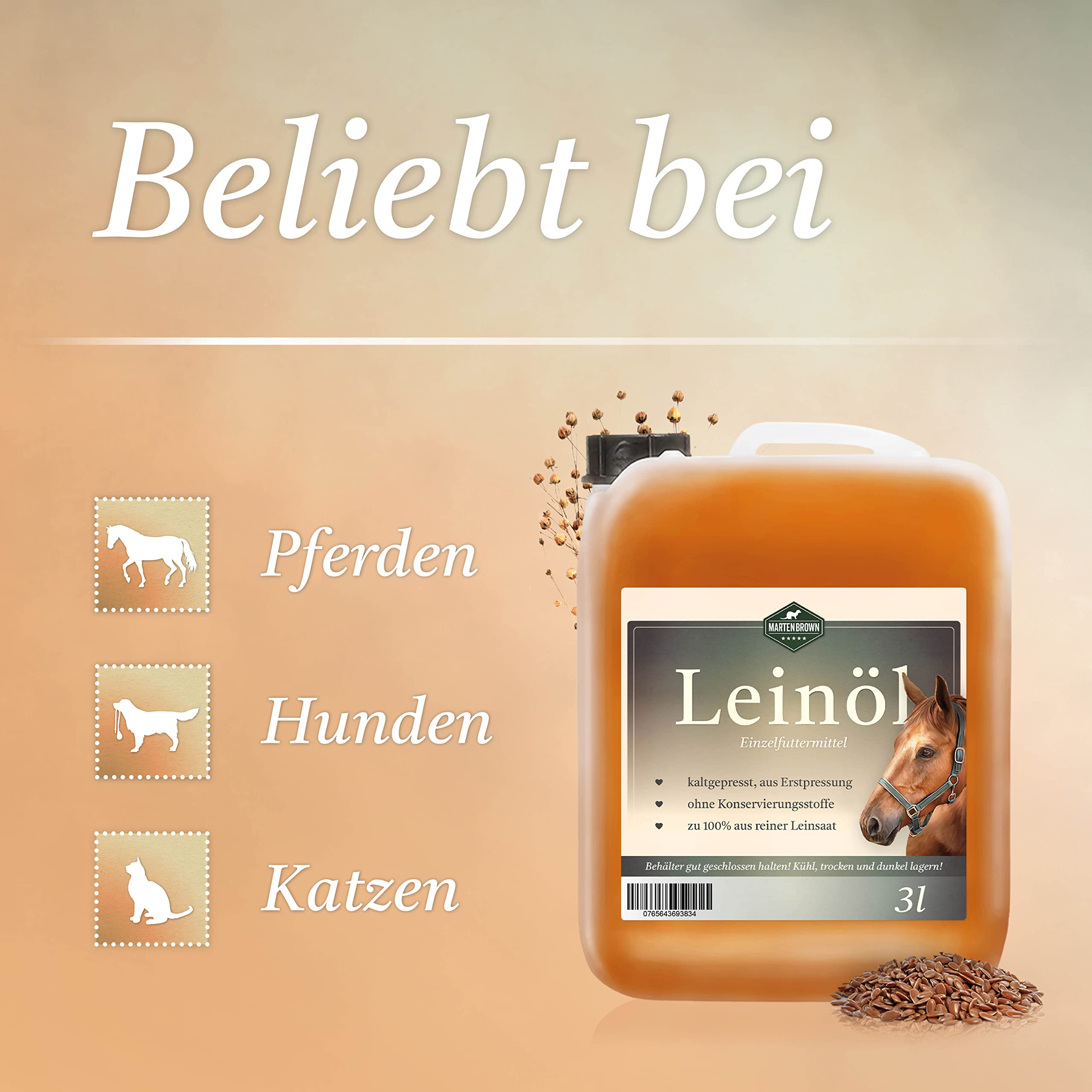 Martenbrown® Aceite de linaza prémium para caballos, perros y otros animales, en bidón XXL [3 litros] | prensado en frío y 100% puro y natural | Complemento alimenticio para animales