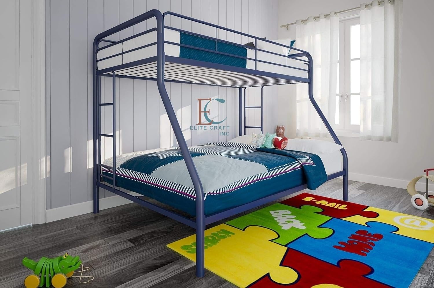 Twin-Over-Full Bunk Bed with Metal Frame and Ladder, Space-Saving Design, Blue