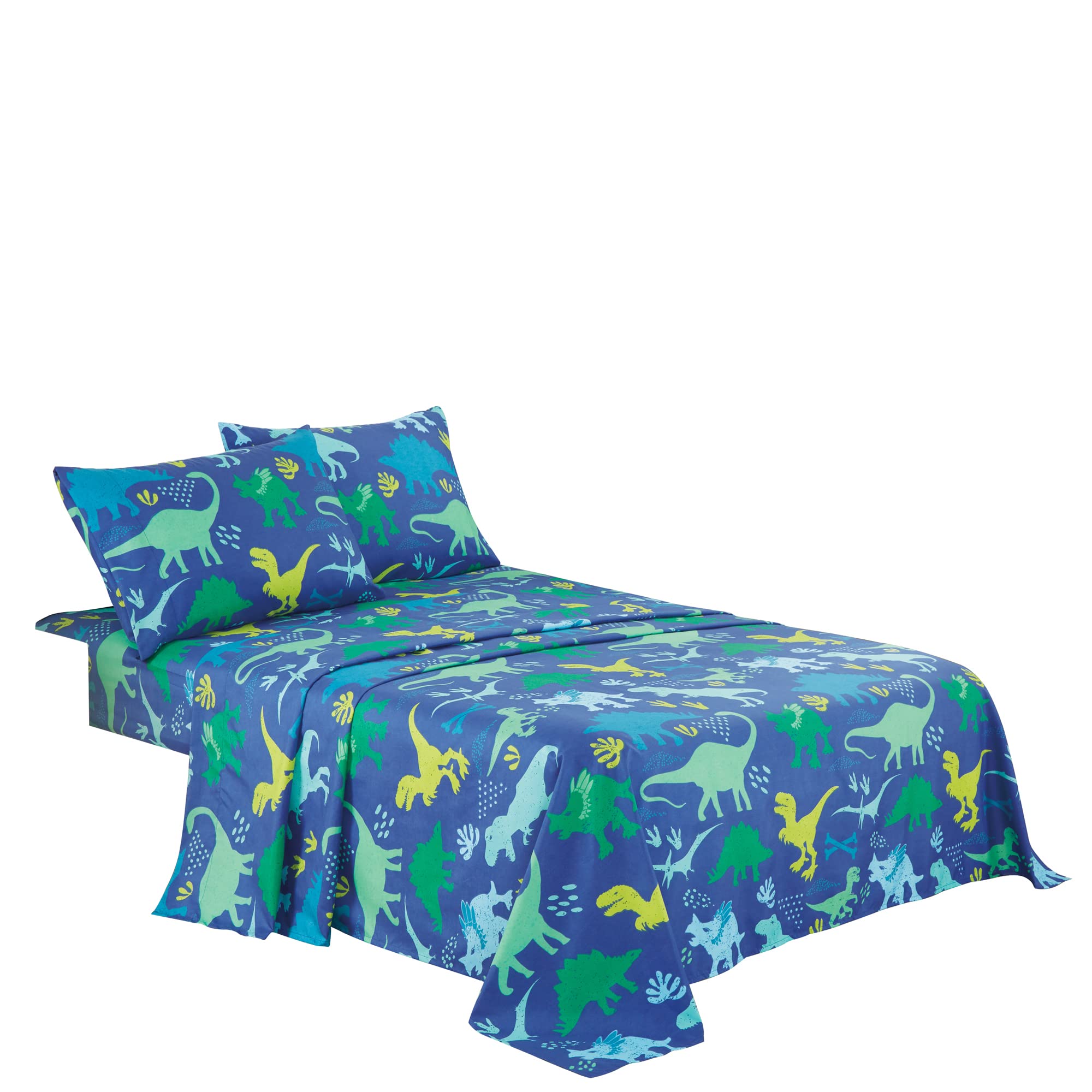 Dinosaurs Blue Kids Collection Bedding 3 Piece Jungle Dinosaurs print Twin Size Sheet Set with Flat Fitted Sheets Pillow sham Design for boys girls Bedroom (Blue Dinosaurs, Twin)