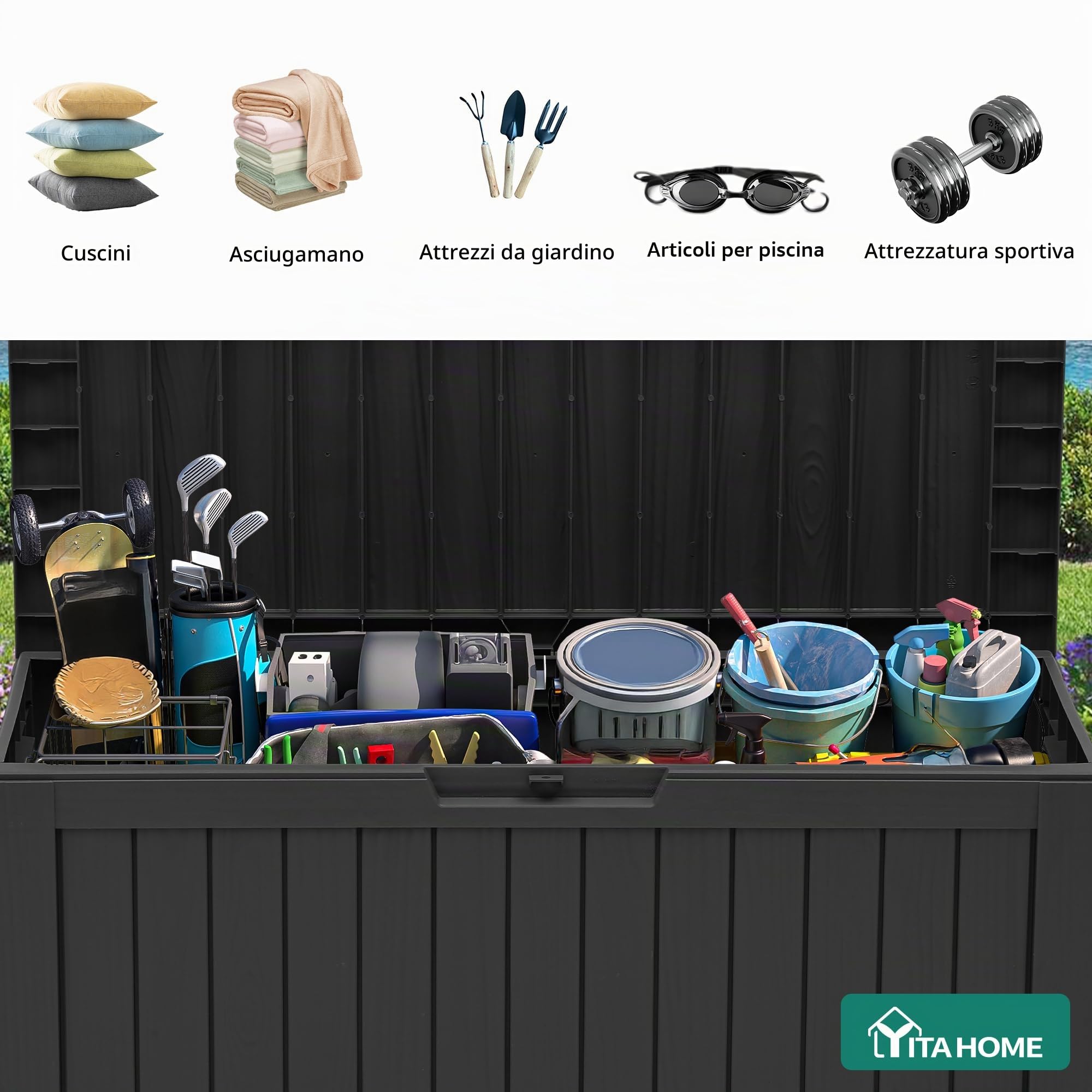 YITAHOME Scatola portaoggetti da esterno con ruote, scatola in plastica da 270 l, baule da giardino impermeabile per cuscini, strumenti e forniture per piscina, chiudibile, effetto legno sintetico