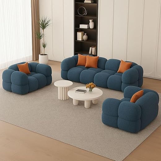 LEGACY OF COMFORT Ryan 3+1+1 Set Sofa Living Room Sets Cloud Shape Sofa Set for Living Room (Blue Boucle)