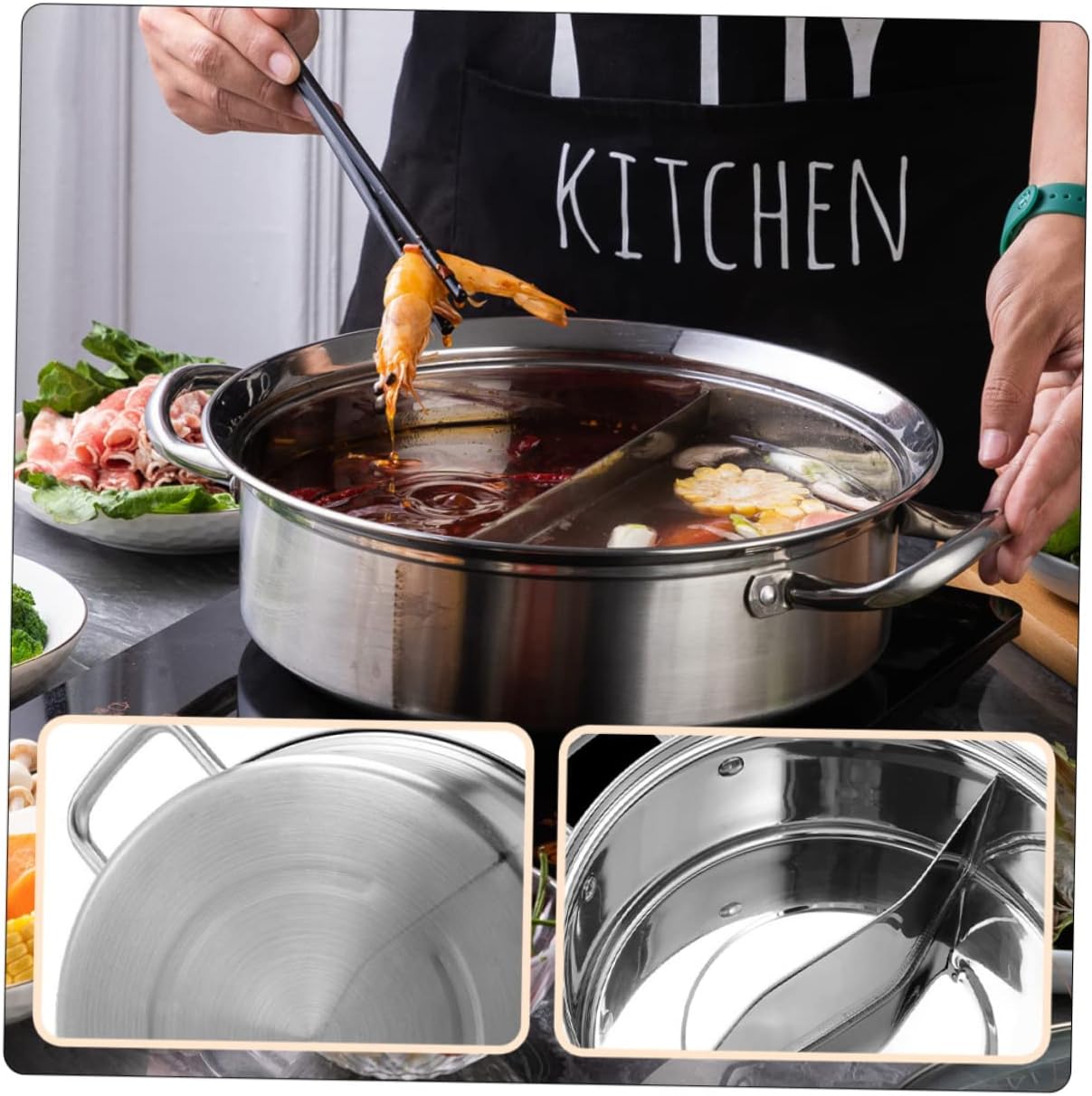 GLEAVI Stainless Steel Pot Double Burner Hot Pot Induction Heater Removable Handle Flavor Bowl Lid