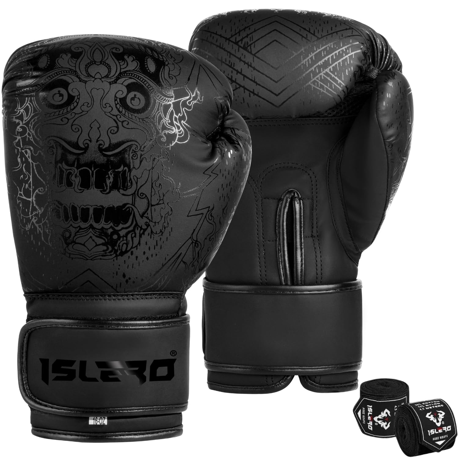 – Islero Fitness Matte Black Boxing Gloves Men Punch Bag Women MMA Muay Thai Martial Arts Kick Boxing Sparring Training Fighting Gloves With Hand Wraps