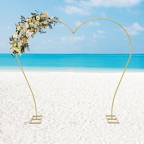 Miniatura 8 de Arco de boda con forma de corazón dorado de 7.7 pies, diseño curvado de metal, soporte de telón de fondo para fotografía, marco de globo de flores,