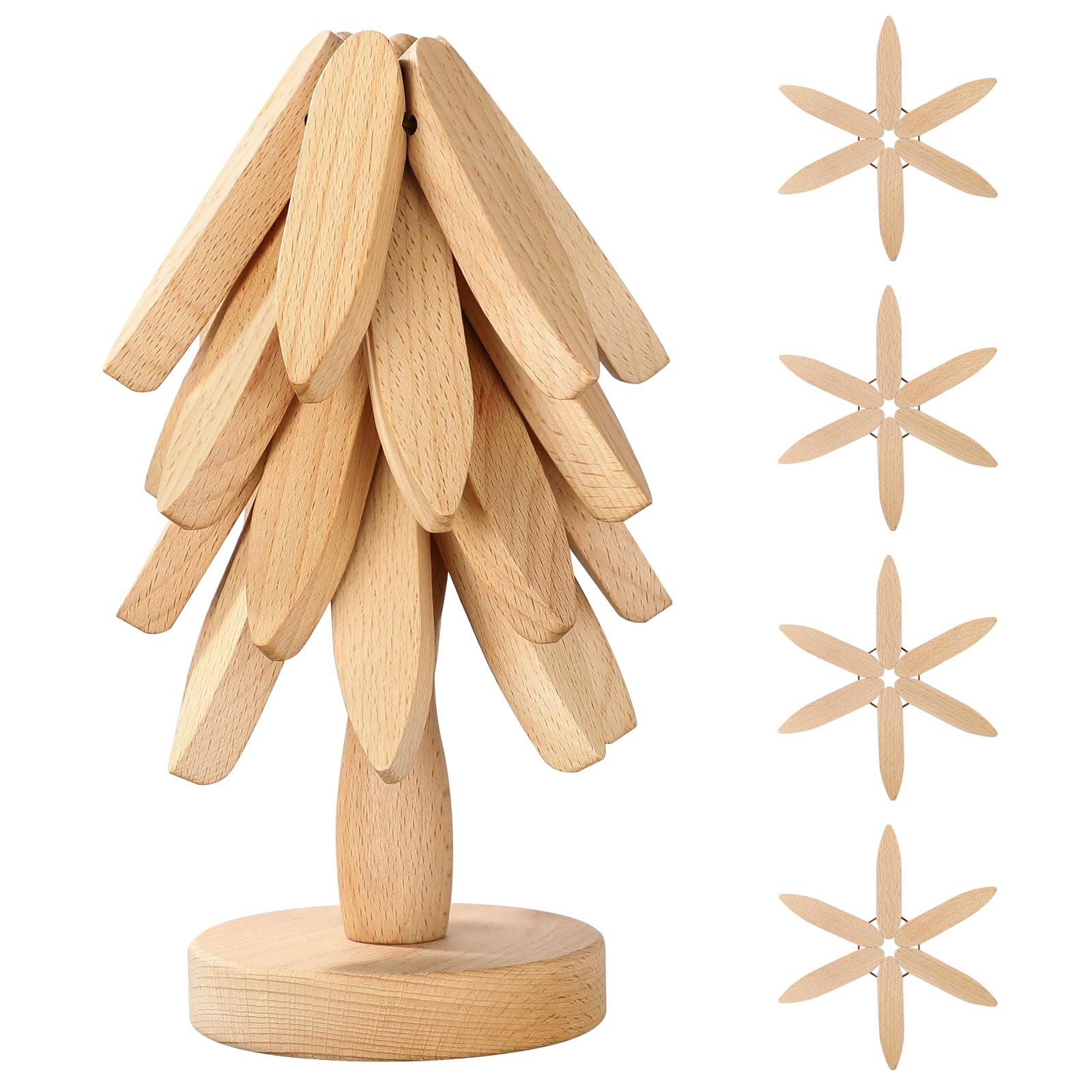 Sottopentola in legno per piatti caldi, a forma di albero di Natale, 4 sottopentola in legno + 1 supporto per riporre come un albero, in legno di faggio per pentole calde, padelle, ciotole, teiere