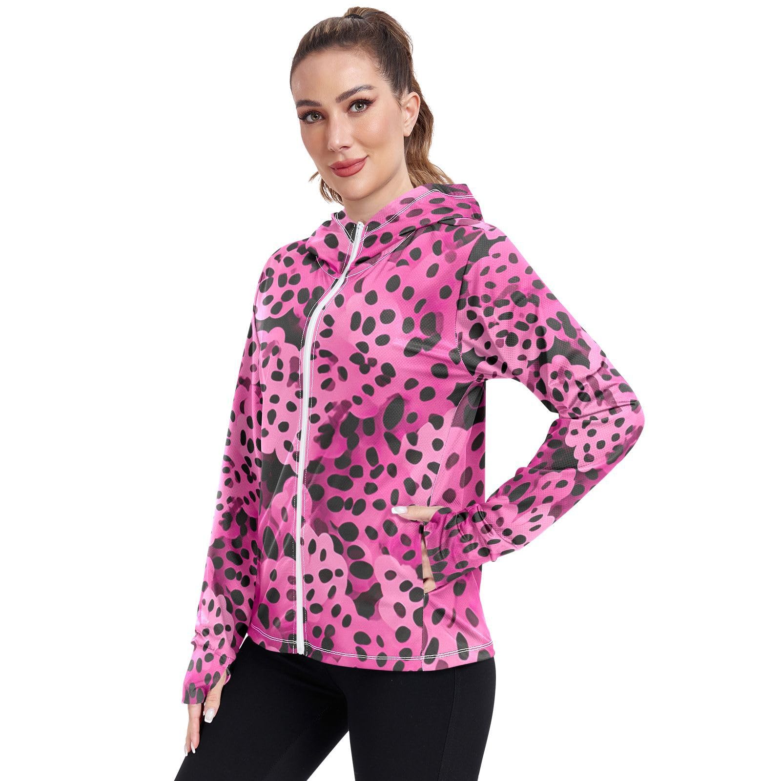 UMIRIKO Pink Leopard Print Pattern Women's UPF 50+ Sun Protection Jacket Hoodie Rash Guard Shirt with Pockets M 202a3479