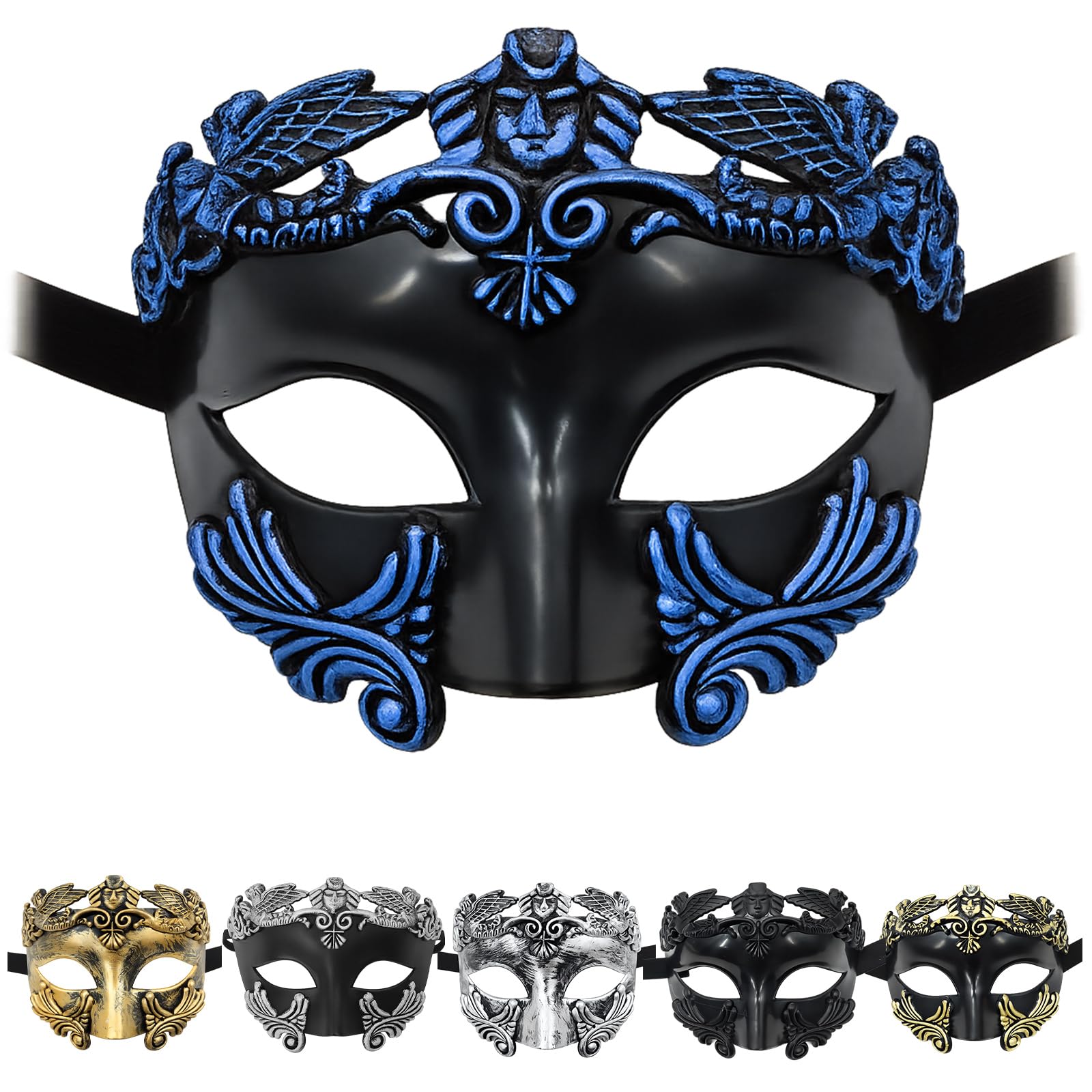 Venetian Half-Face Masquerade Mask, Black Blue, Intricate Detailing, Adult