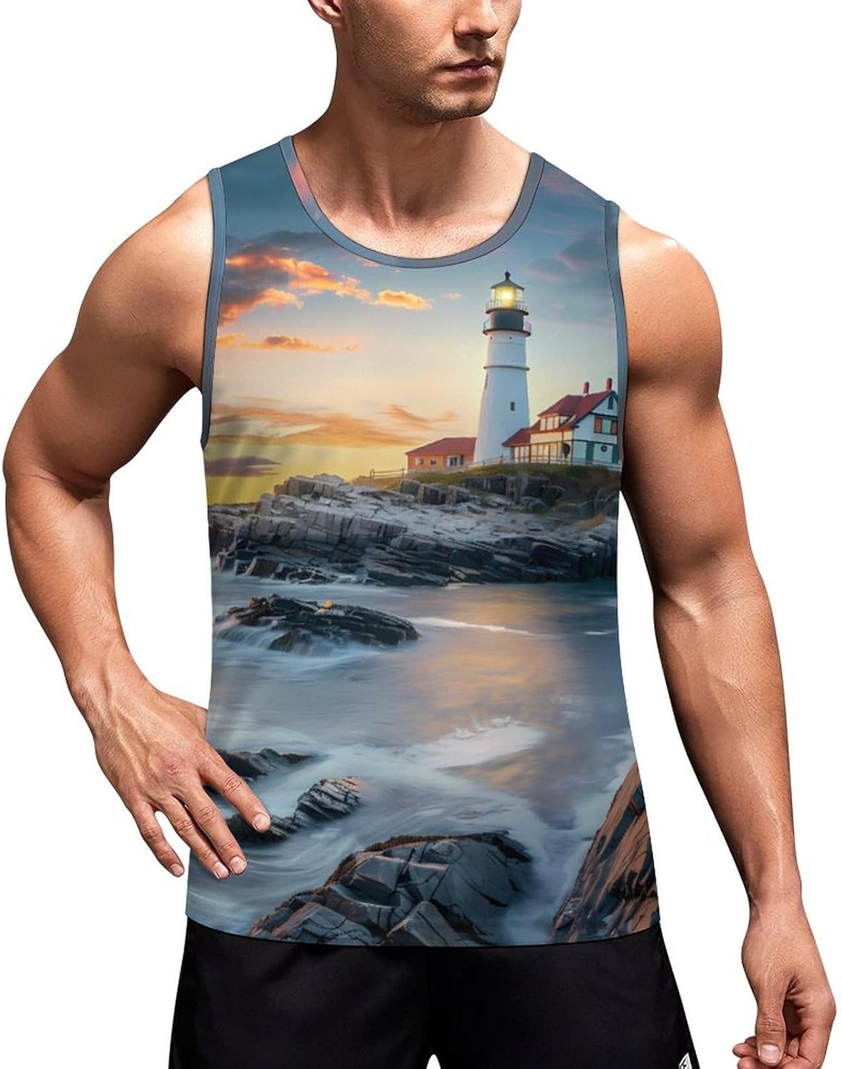 Lighthouse Beach Sky Men's Tank Top Sleeveless Muscle Shirts Vest Beach T Shirts for Workout Gym