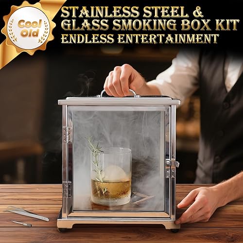 Miniatura 5 de Caja de fumar de acero inoxidable y vidrio con ahumador de mano (sin antorcha), 9.5 x 9.5 x 10.8 pulgadas, kit de ahumador de whisky para cócteles,