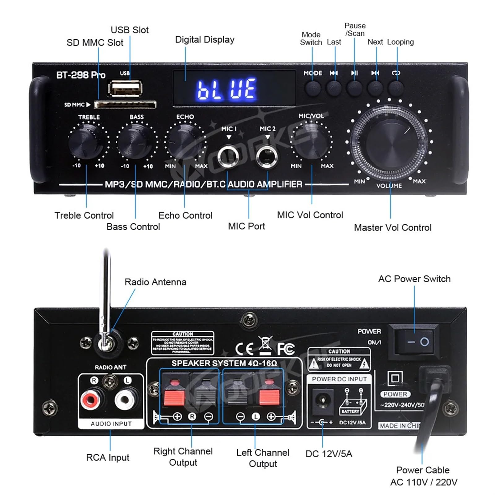 Amplificatore, BT 298 Pro Amplificatore Stereo Home Theater Doppio Canale 5.0 Max 800W Nuovo Aggiornamento Ad Alta Efficienza,per la casa