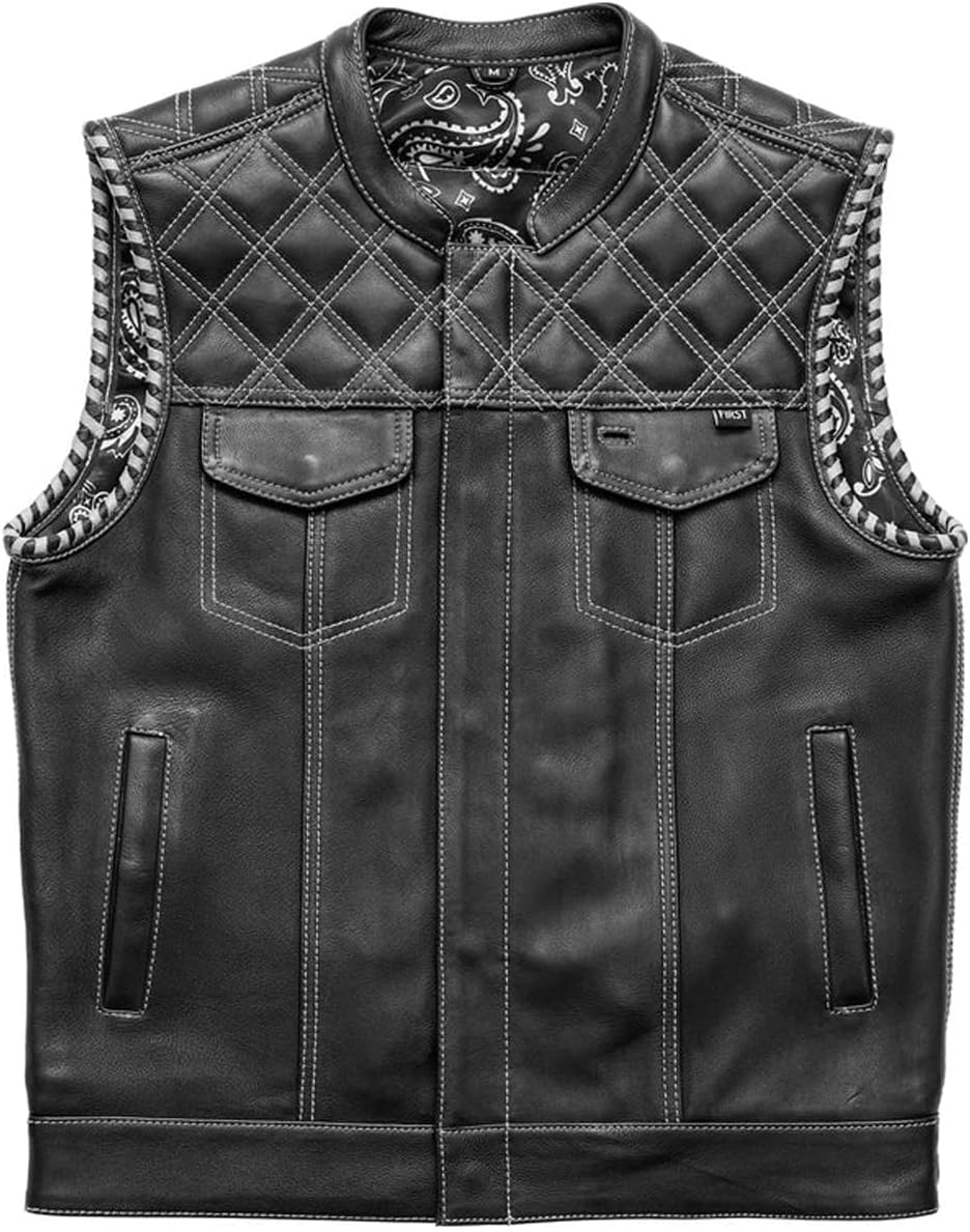 First Mfg Co Sinister Leather Motorcycle Vest for Men Riding Club Biker Vest with Conceal Carry Pocket and Contrast Stitch