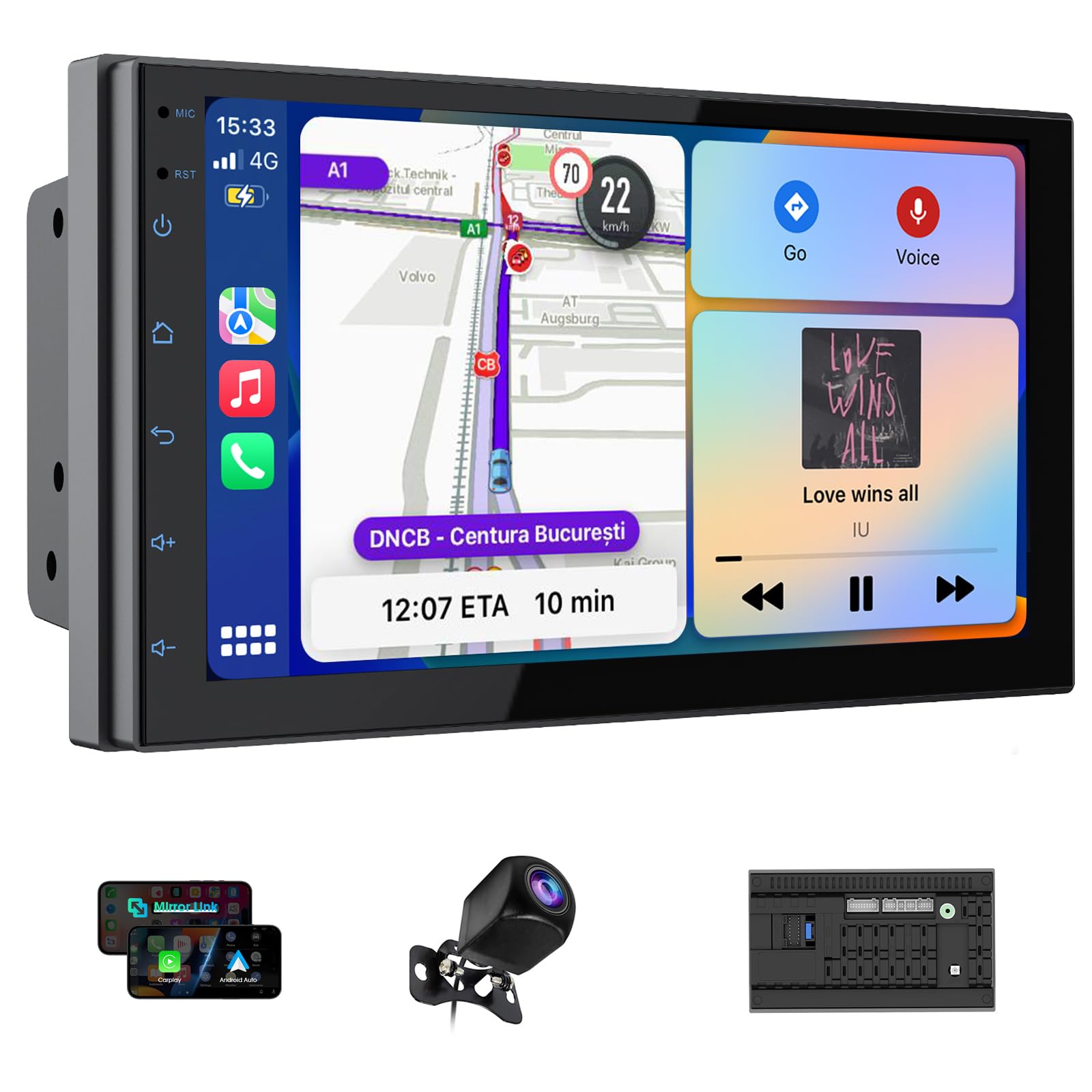 7" Double Din Car Stereo with Wireless CarPlay & Android Auto, Touchscreen Car Radio with Bluetooth 4.1, HD Backup Camera, Mirror Link, GPS Navigation, WiFi, Voice Control, 2+32GB, FM/AM