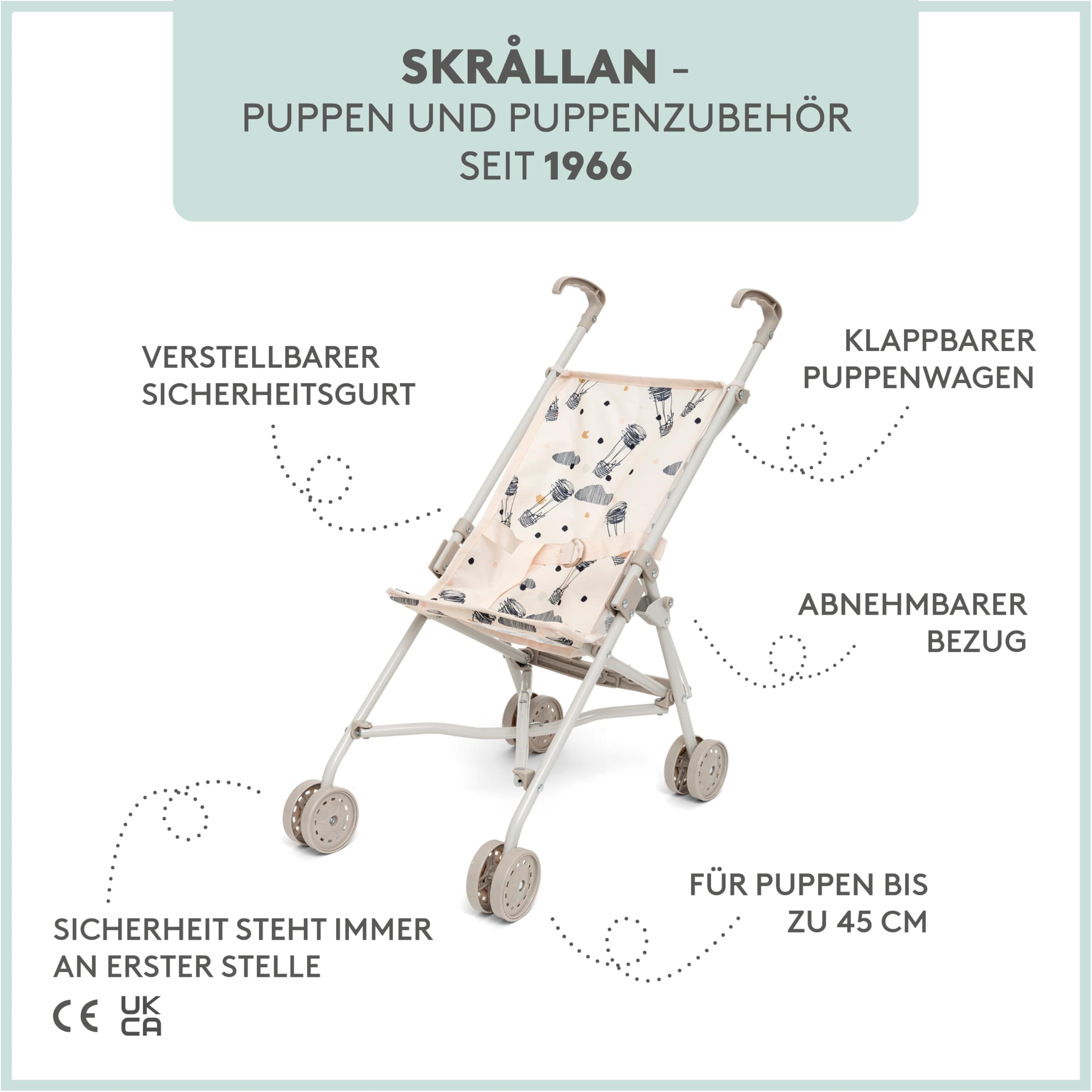Skrållan Sulky Puppenbuggy ab 3 Jahre - 53cm großer Klappbuggy mit Sicherheitsgurt und waschbarem Bezug - Spielzeug Kinderwagen Puppenwagen Buggy - Buggy Puppe bis zu 45cm - Puppen Spielzeug