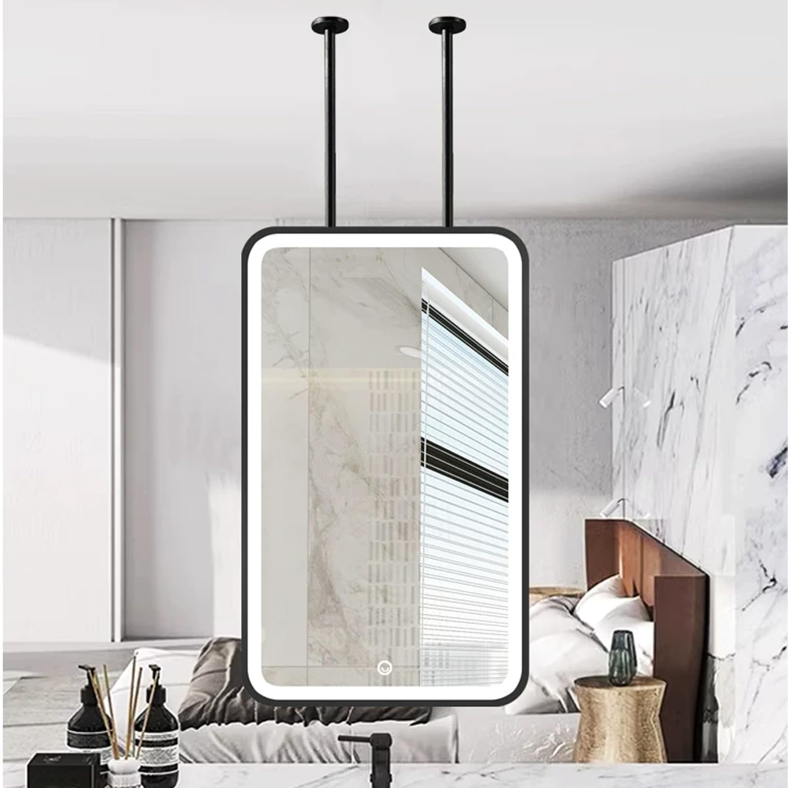 FGXHHS Black Metal Pole Ceiling Suspended LED Mirror，Ceiling Mounted Floating Vanity Makeup Mirrors Large Rectangle Wall for Living Room Entrance Hall(40cmx70cm)