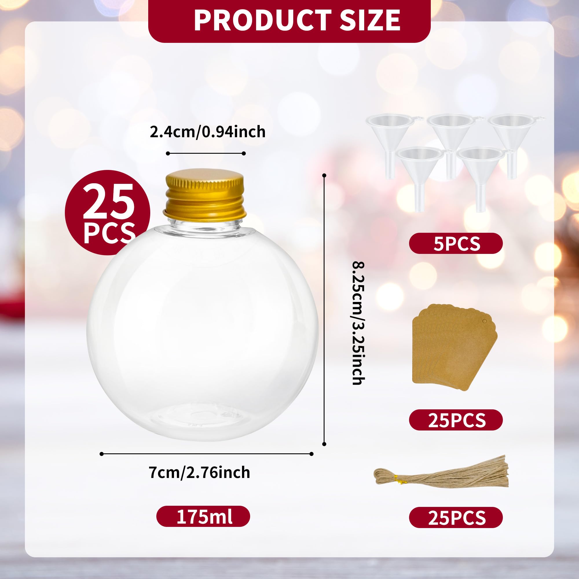 GYMDLN 25 Pieces 6 oz Spherical Plastic Potion Bottles Ball Shape Sand Art Bottles with Funnel Christmas Cocktail Ornament Balls Candy Jar for DIY Wedding Party Crafts Decoration(Gold, Aluminum Cap)