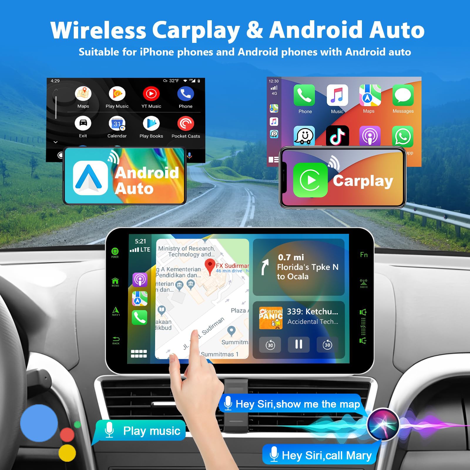 Podofo Autoradio mit Wireless A-pple CarPlay/Android Auto, Bluetooth 5.0 Drehbarer 1 DIN 9'' HD Touchscreen mit Handyhalter/Mirror Link/GPS/SWC/EQ/FM/RDS/TF/USB/Telefonhalter + Mikrofon + Rückkamera