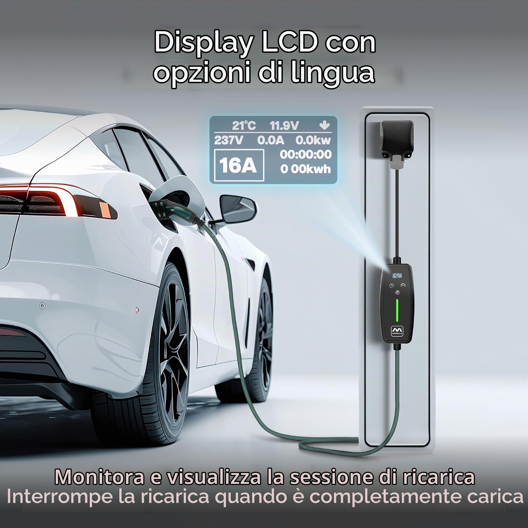 Masterplug VE cavo di ricarica per veicoli elettrici e ibridi, 10 metri, modalità 2, spina Schuko a 3 pin EU a caricabatterie da auto tipo 2, 3,6 kW 16 A, EVCM221610G/EU