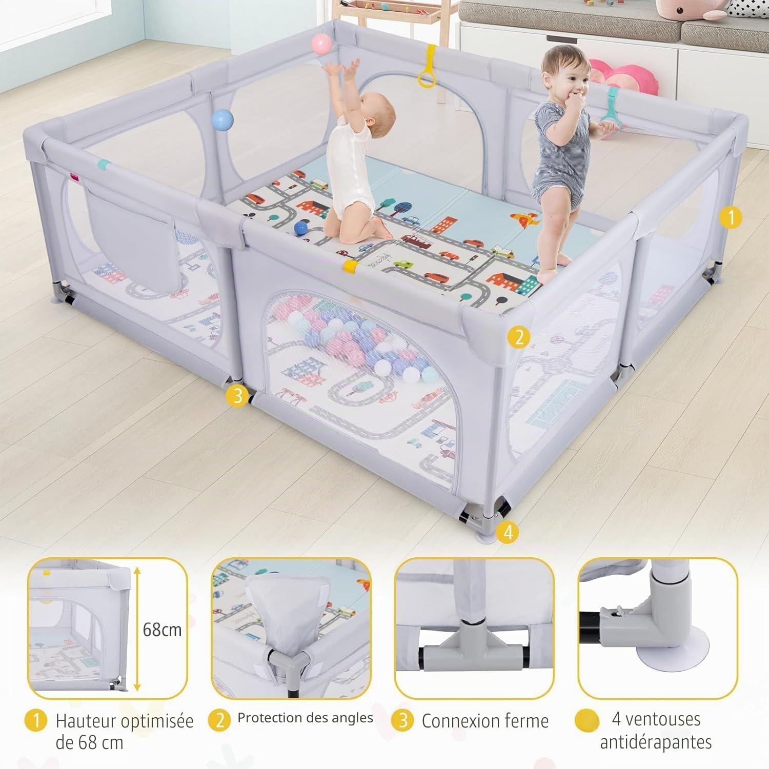 FANTASK Parc pliable pour bébé avec matelas 189 x 158 cm, parc avec 50 balles de jeu et 4 poignées, gris clair
