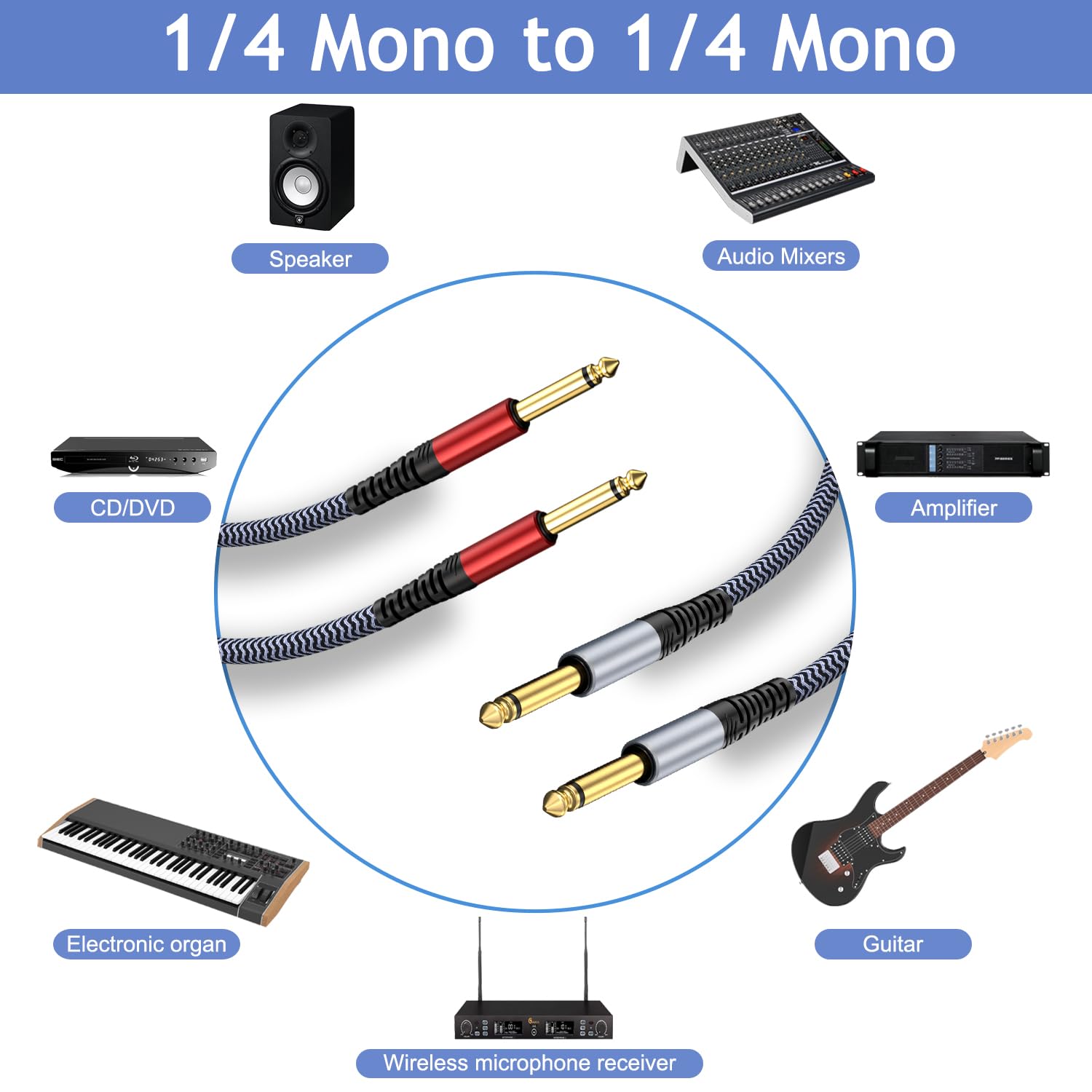 Cable TS de guitarra de 1/4 de pulgada de 25 pies, paquete de 2 rectos a rectos, cable de instrumento mono de 1/4 pulgadas, cable de audio de 1/4 a 1/4 para guitarra, bajo, teclado, mezclador
